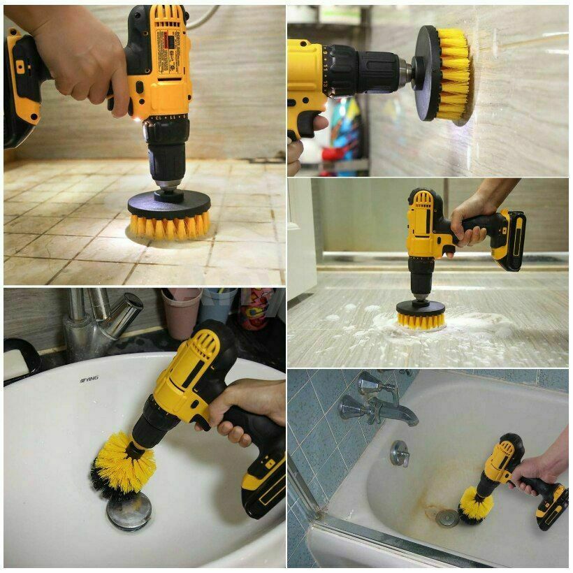 Drill Scrub Brushes Power Scrubber 3pc Bathroom Kitchen Tile Car Cleaning NEW