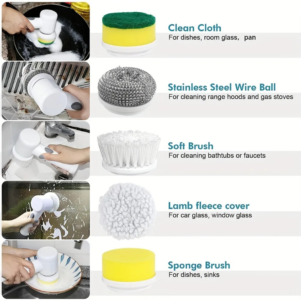 Electric Spin Scrubber with 5 Replaceable Brush Head Power Electric Cleaning Bru