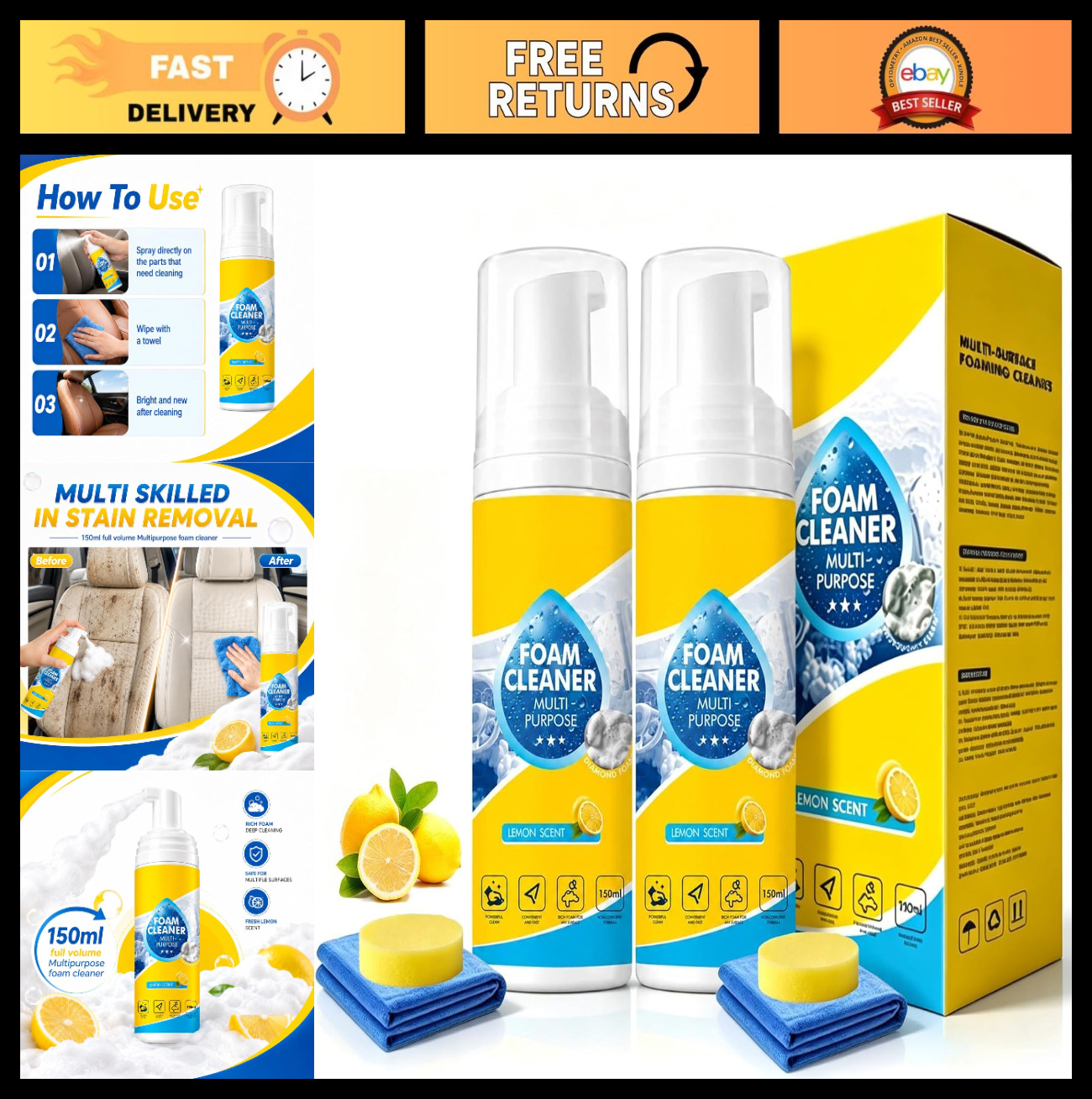 2PCS 4-in-1 Multi-Enzyme Foam Cleaner for Car, Home & Sofa – Non-Greasy, All-Pur