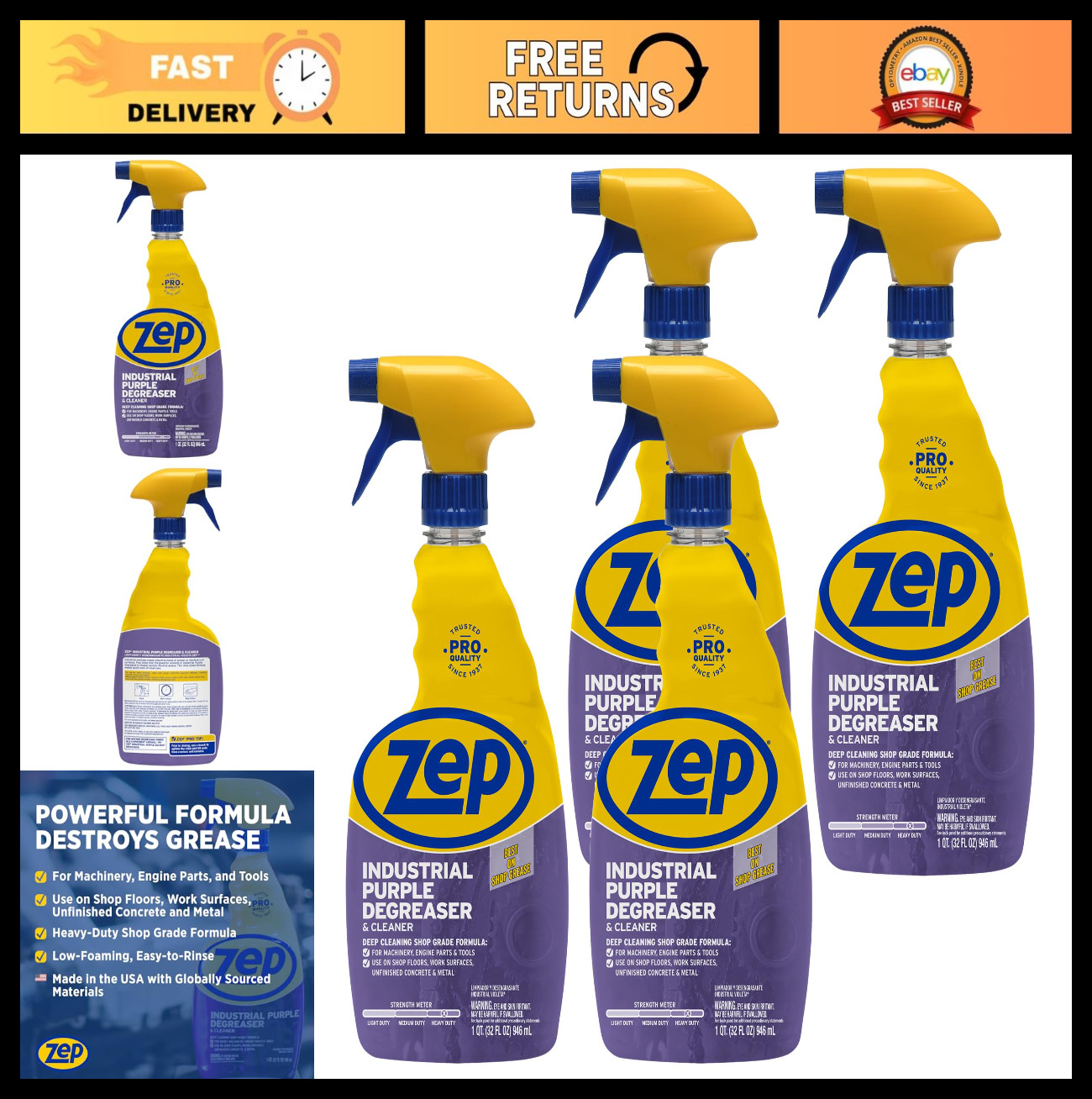 Industrial Purple Cleaner & Degreaser Concentrate – 32oz (4-Pack) Easy Rinse For