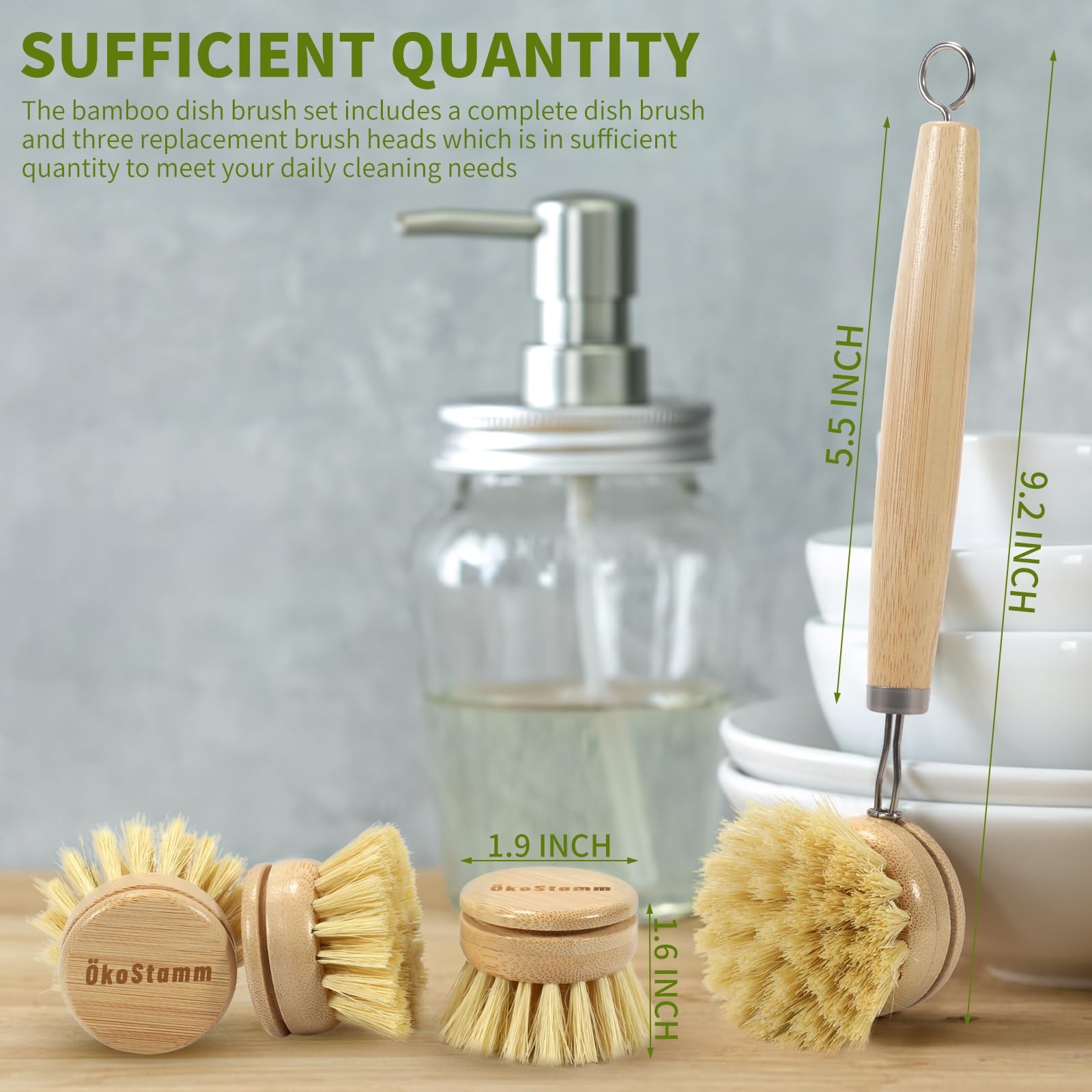 ÖkoStamm Bamboo Dish Brush with Long Handle – Natural Dish Scrubber Brush Set…