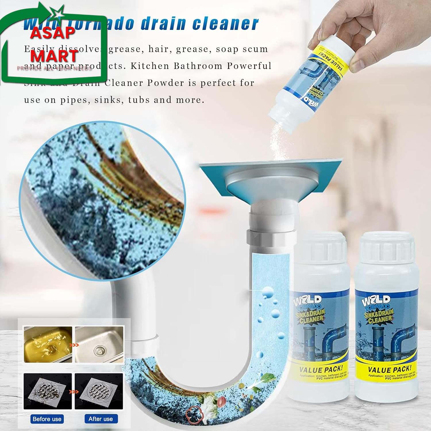 Wild Tornado Pipe Dredge, Powerful Sink and Drain Cleaner Powder, Fast Foaming D