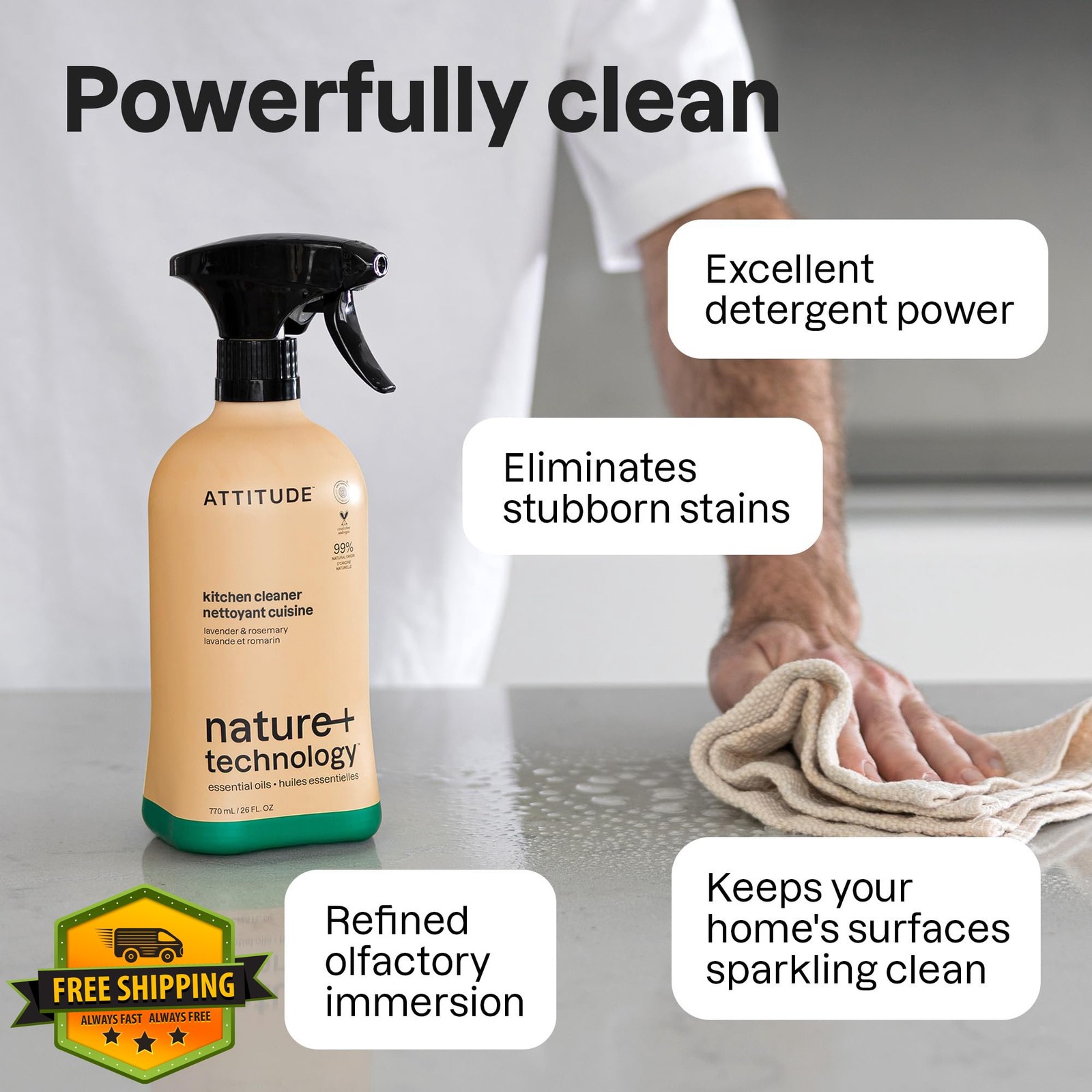ATTITUDE Kitchen Cleaner Spray Lavender Rosemary 26 Fl Oz Degreaser Plant-Based