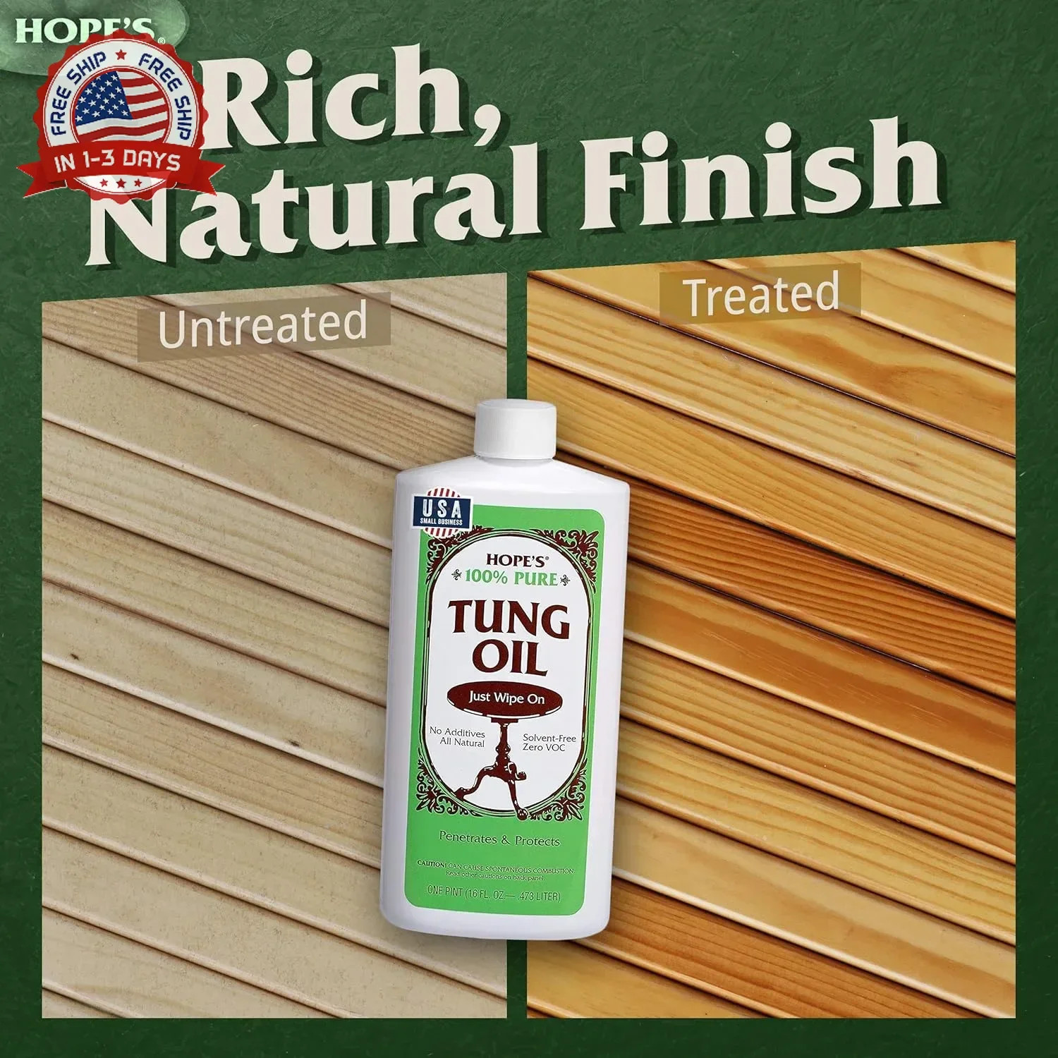 HOPE’S 100% Pure Tung Oil, Food Safe, Premium Waterproof Natural Wood Finish and