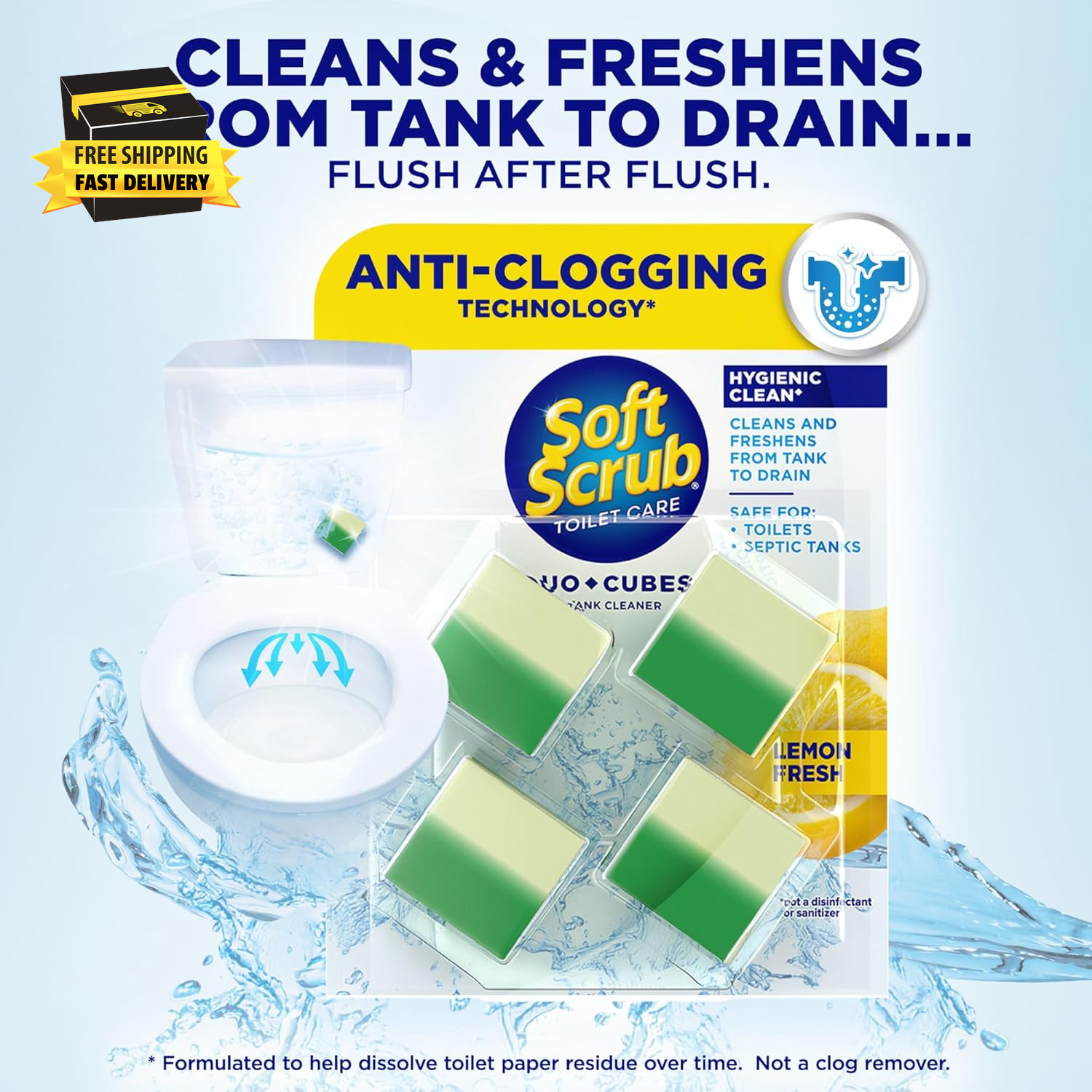 In-Tank Toilet Cleaner Duo-Cubes, Lemon Fresh, Clear Water, 4 Ct, Cleans & Fresh