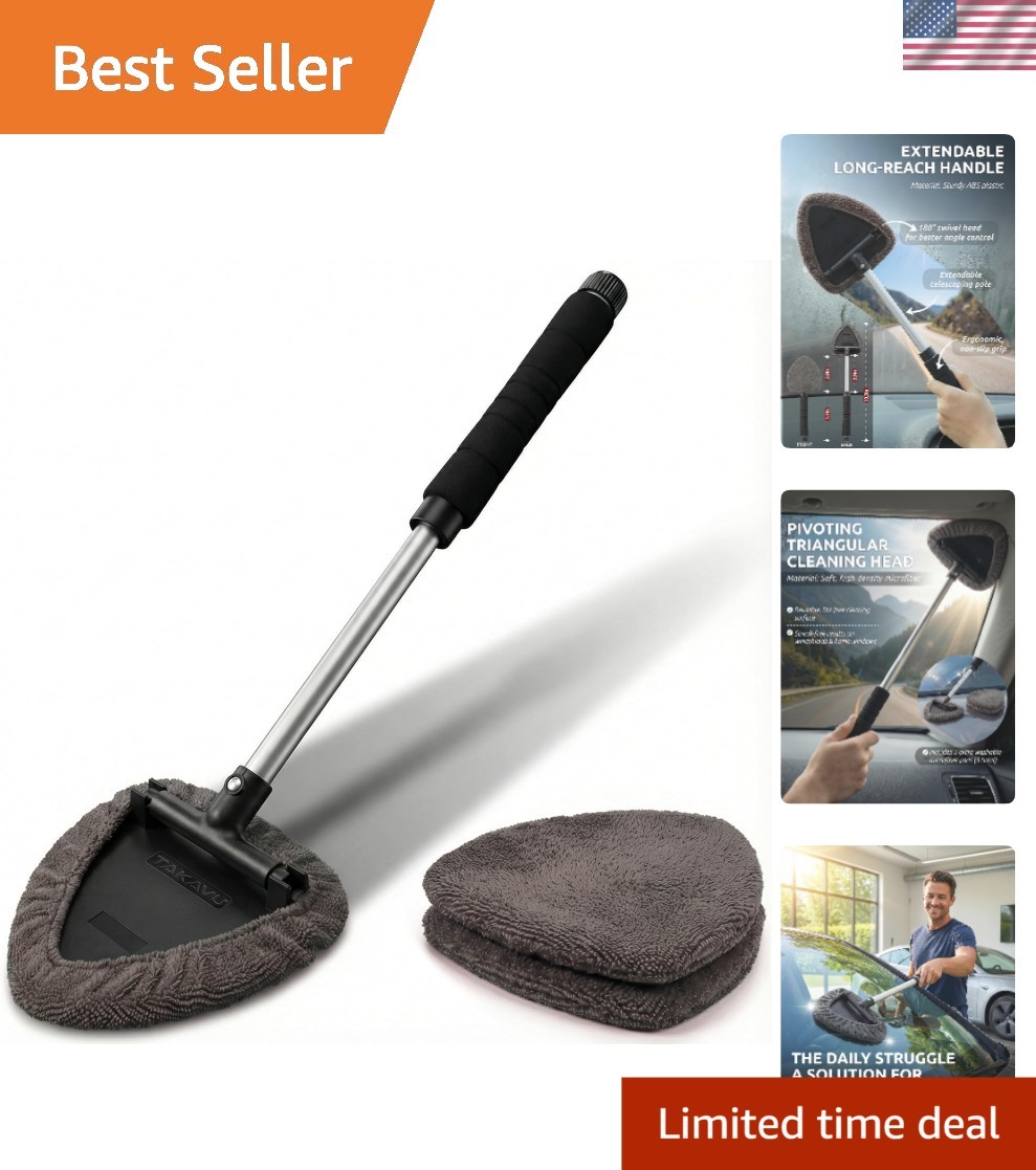 Extendable Car Window Cleaner with Adjustable Head & 3 Microfiber Bonnets – Grey