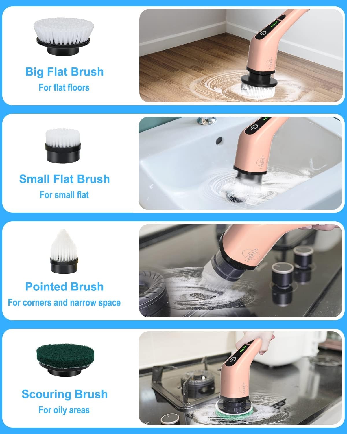 Leebein Rose Cordless Electric Spin Scrubber 8 Brush Head