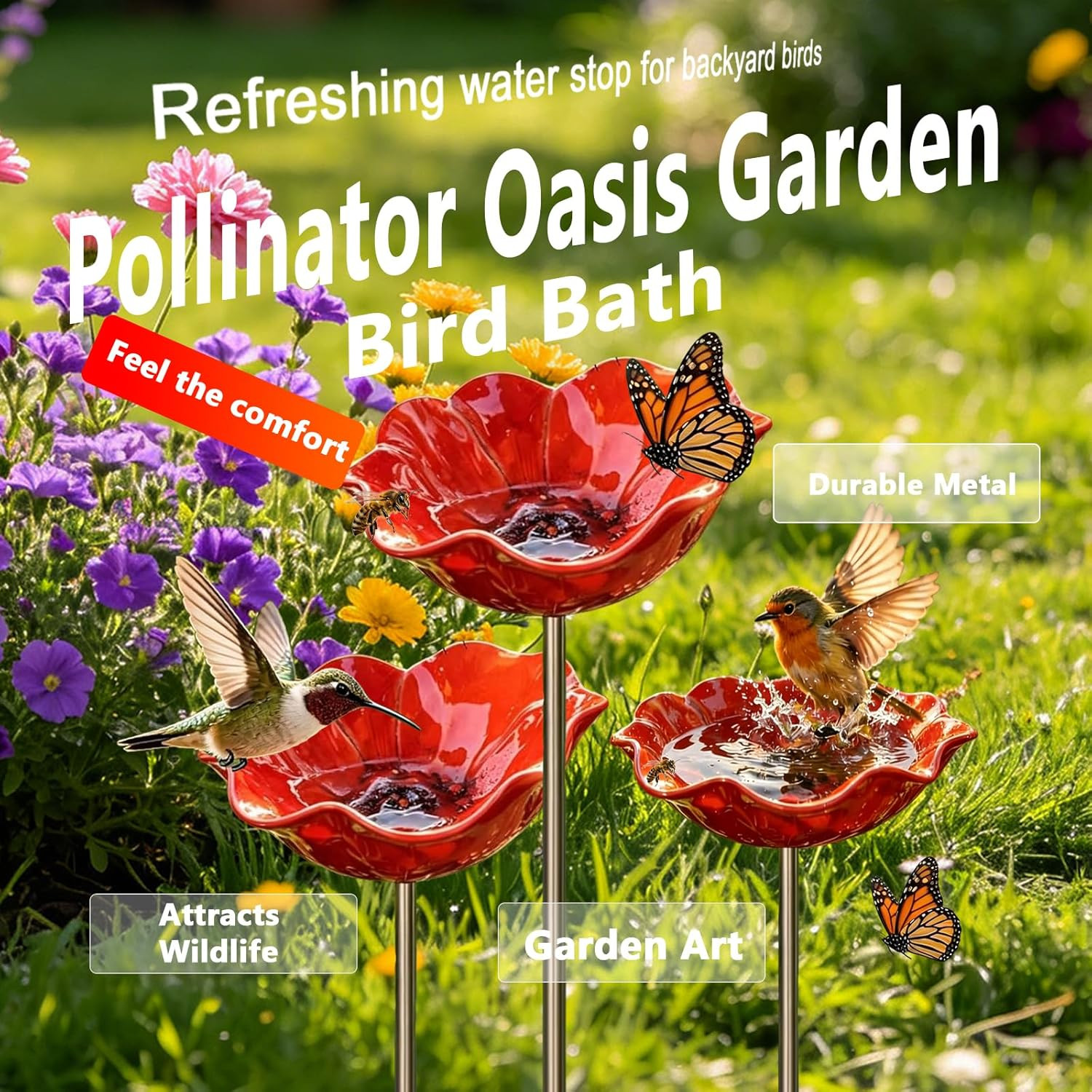 Small Bird Bath for Outsides, Handmade Metal Flower Garden Stake Birdbaths & Fee
