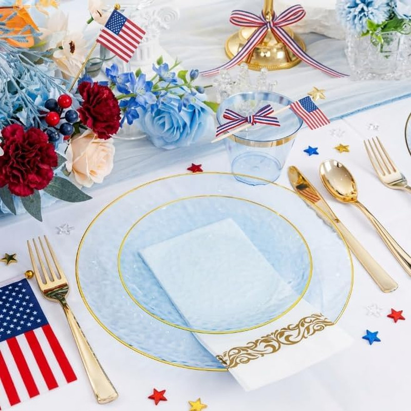 175PCS Clear Blue Gold Plastic Dinnerware Set for 25 Guests, Hammered Disposable