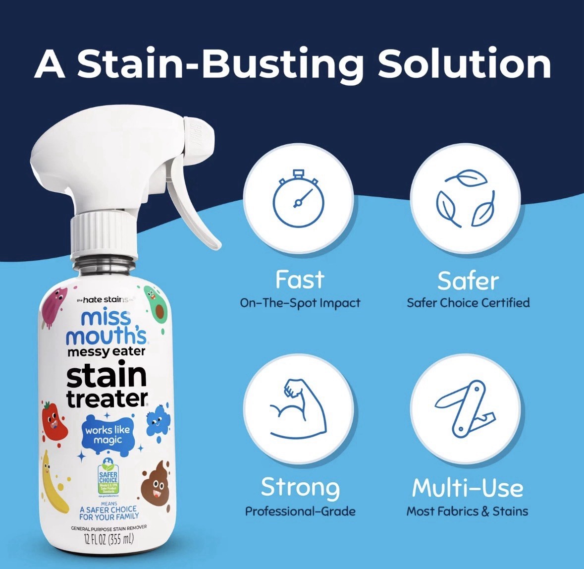 Miss Mouth Stain Treater Spray Gentle on Laundry 12 fl oz- Free Shipping USA