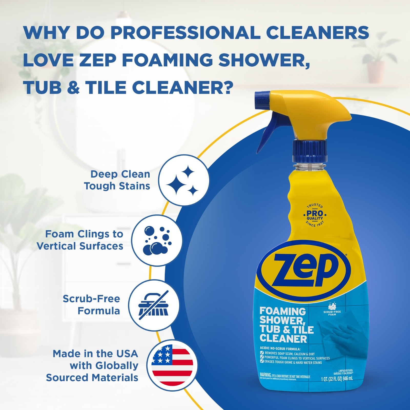 (6 Pack) Zep Foaming Shower Tub & Tile Cleaner 32 oz Bathroom Soap Scum Remover