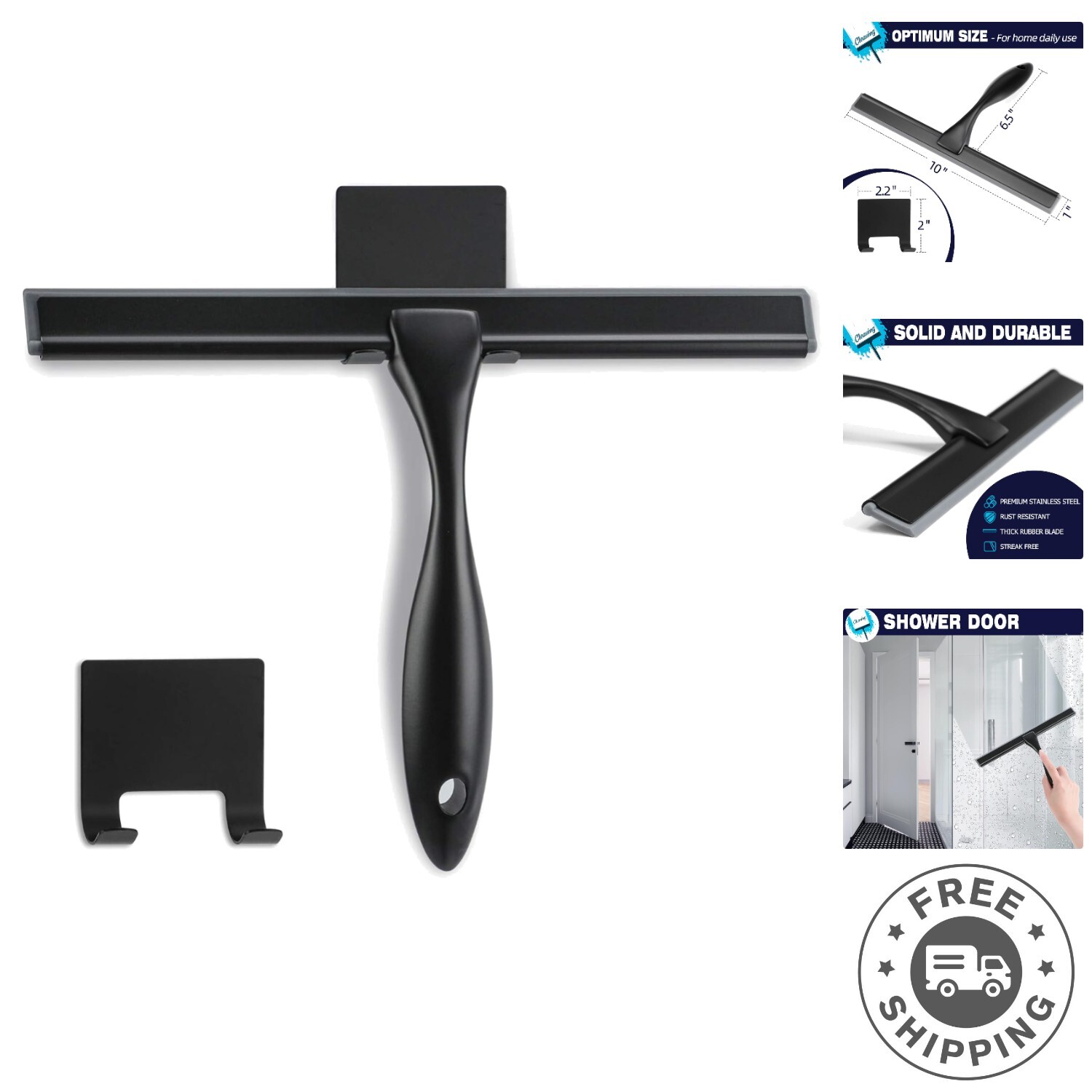 10-Inch Matte Black Shower Squeegee – Streak-Free Stainless Steel Cleaning Tool