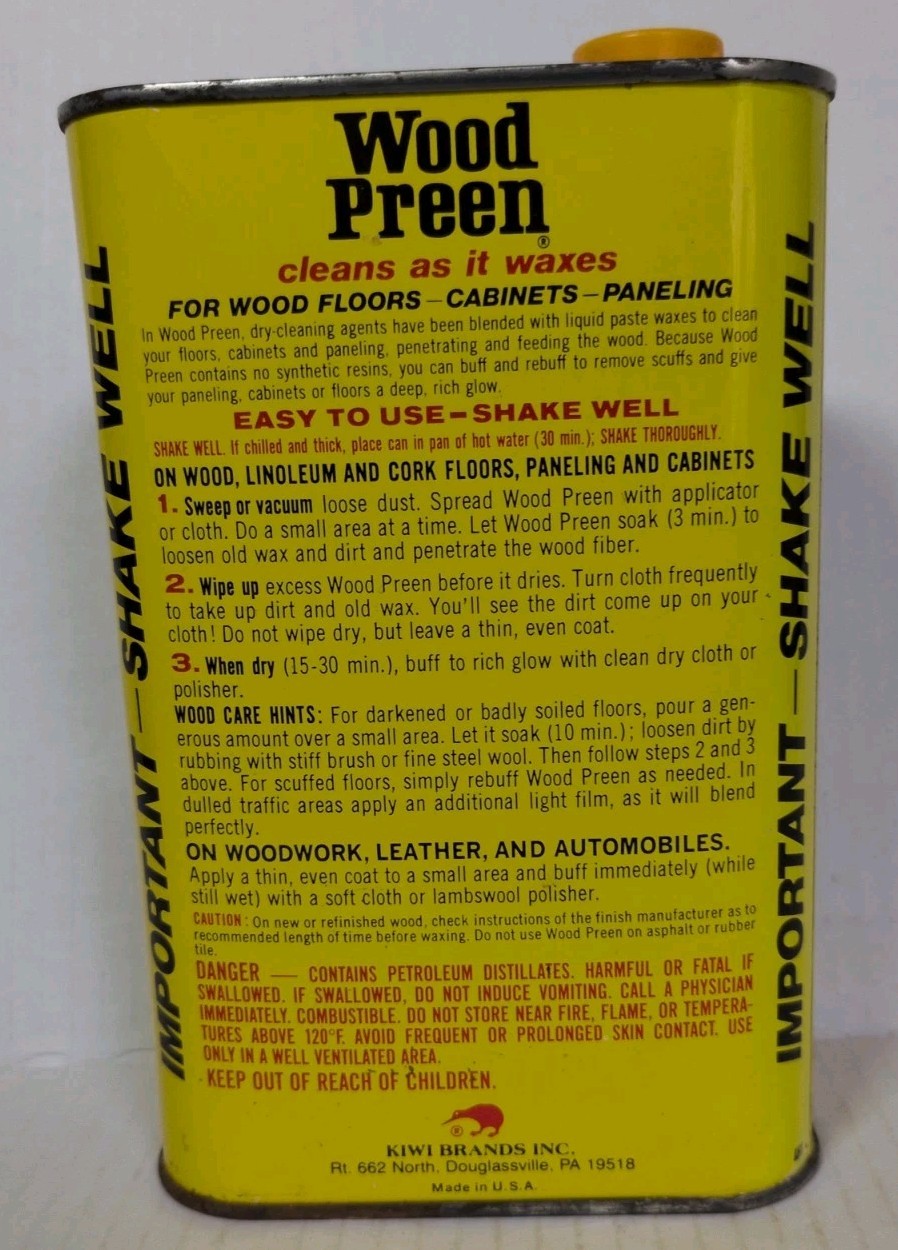 Vtg Wood Preen Floor Cleaner Wax Liquid 32oz 1 QT Discontinued Can ~70% Full