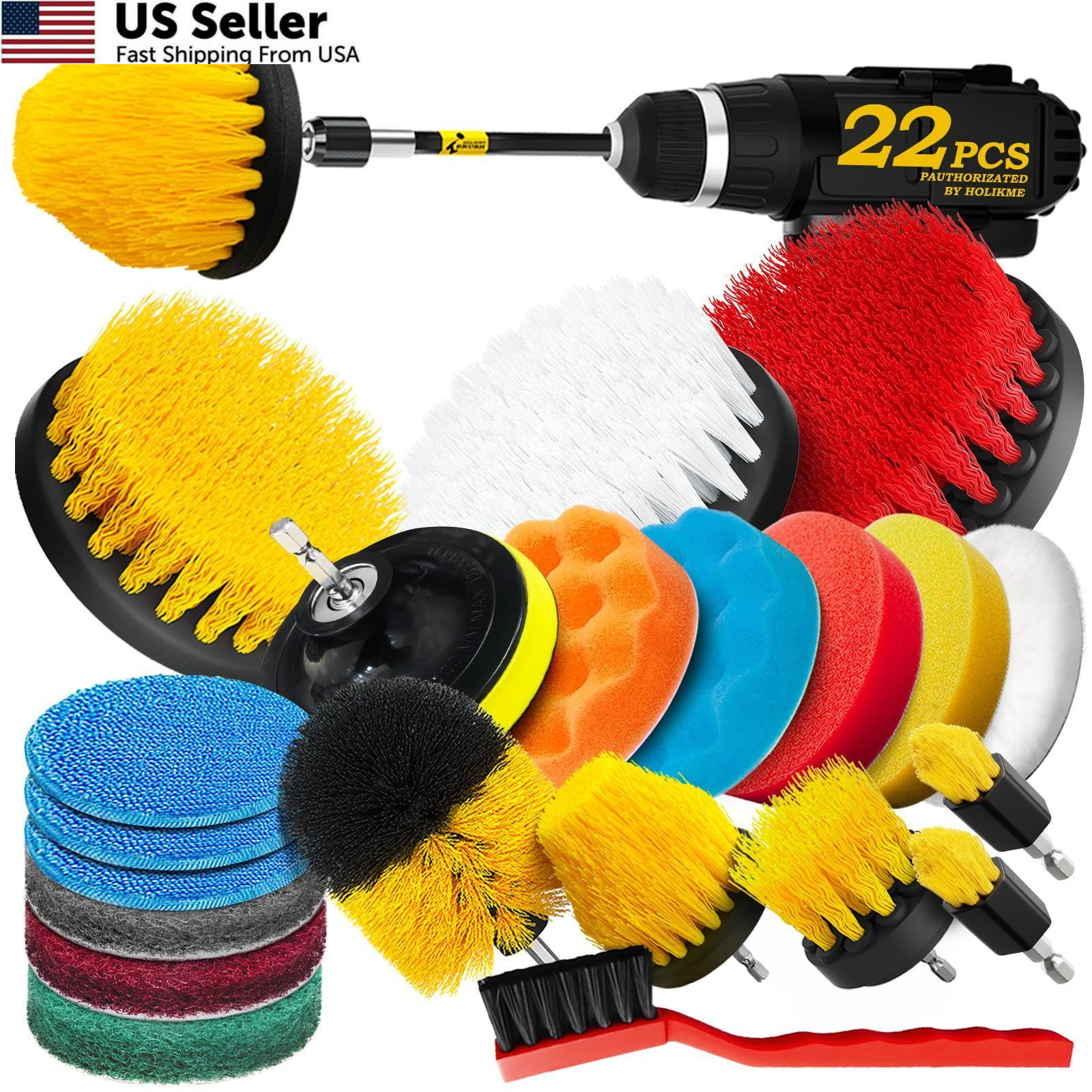 Holikme 22Pack Drill Brush Attachments Set,Scrub Pads & 22pack, Yellow