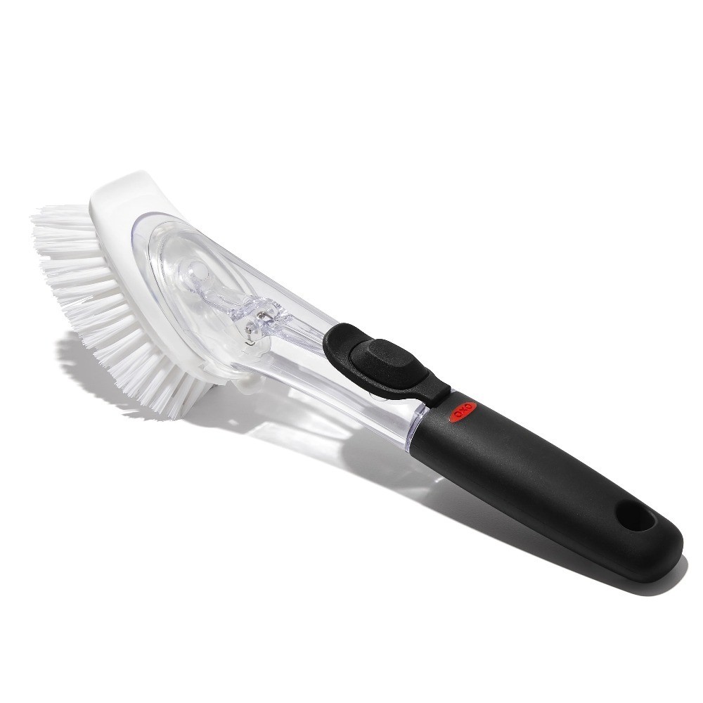 Lever Operated Soap Dispensing Dish Brush with Soft Bristles for Easy Cleaning