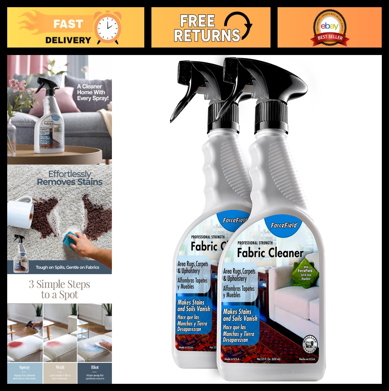 Fabric Cleaner Spray – Deep Clean & Protect – 22oz (2 Pack) – Stain Remover