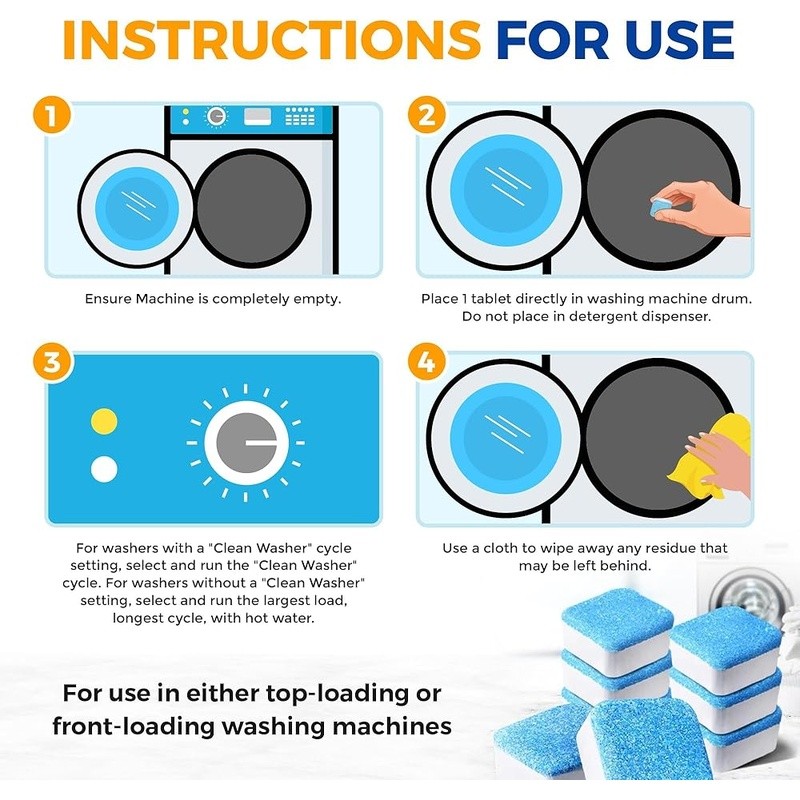 Washing Machine Cleaner Tablets Odor Elimination Eco Friendly 6 Pack Supply New