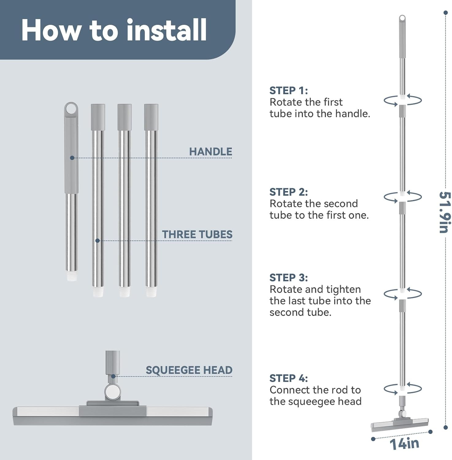 Floor Squeegee with 180° Rotating Head, Squeegee for Floor with 52” Long Handle