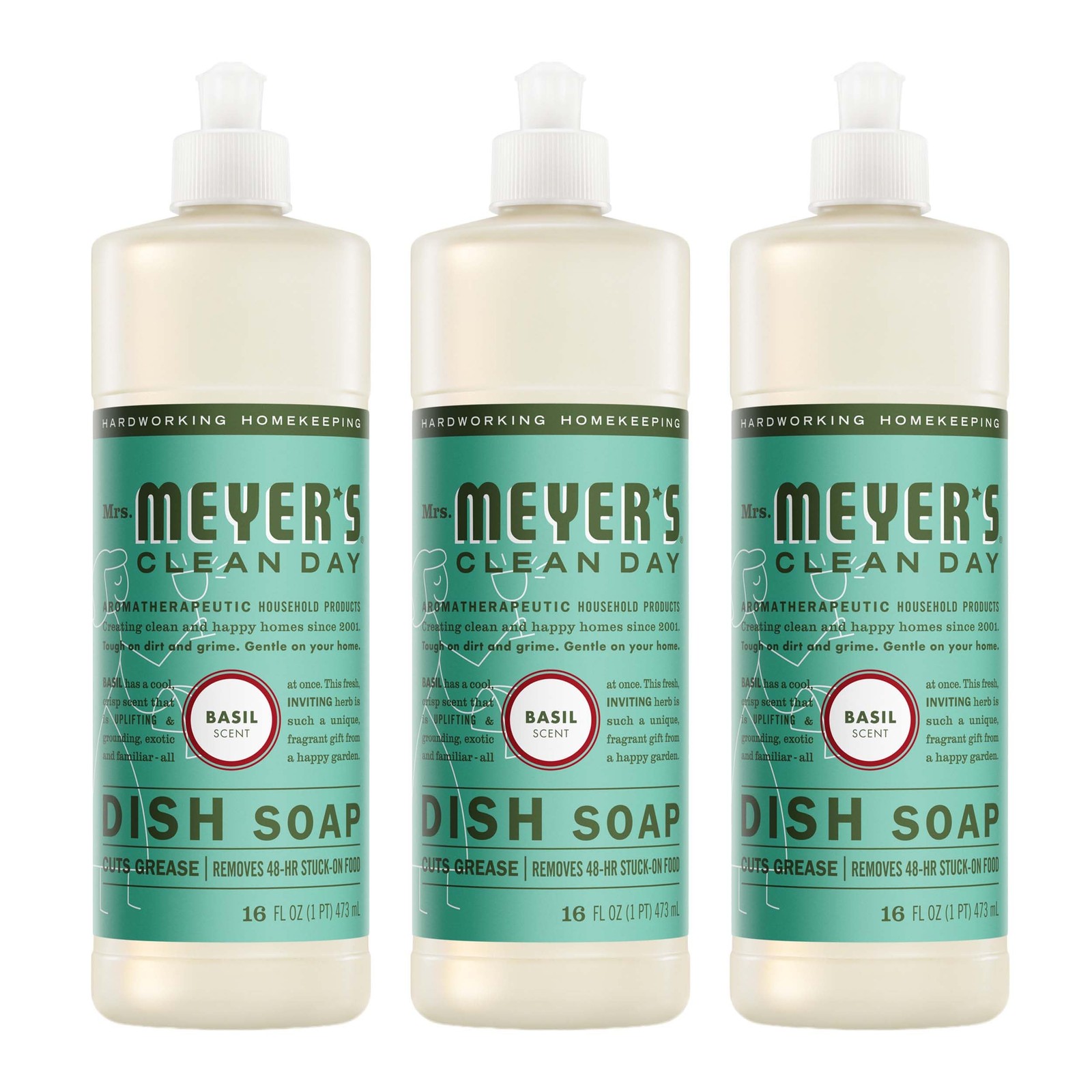 CLEAN DAY Liquid Dish Soap, Basil Scent, 16 Fl Oz Bottle 3 Pack