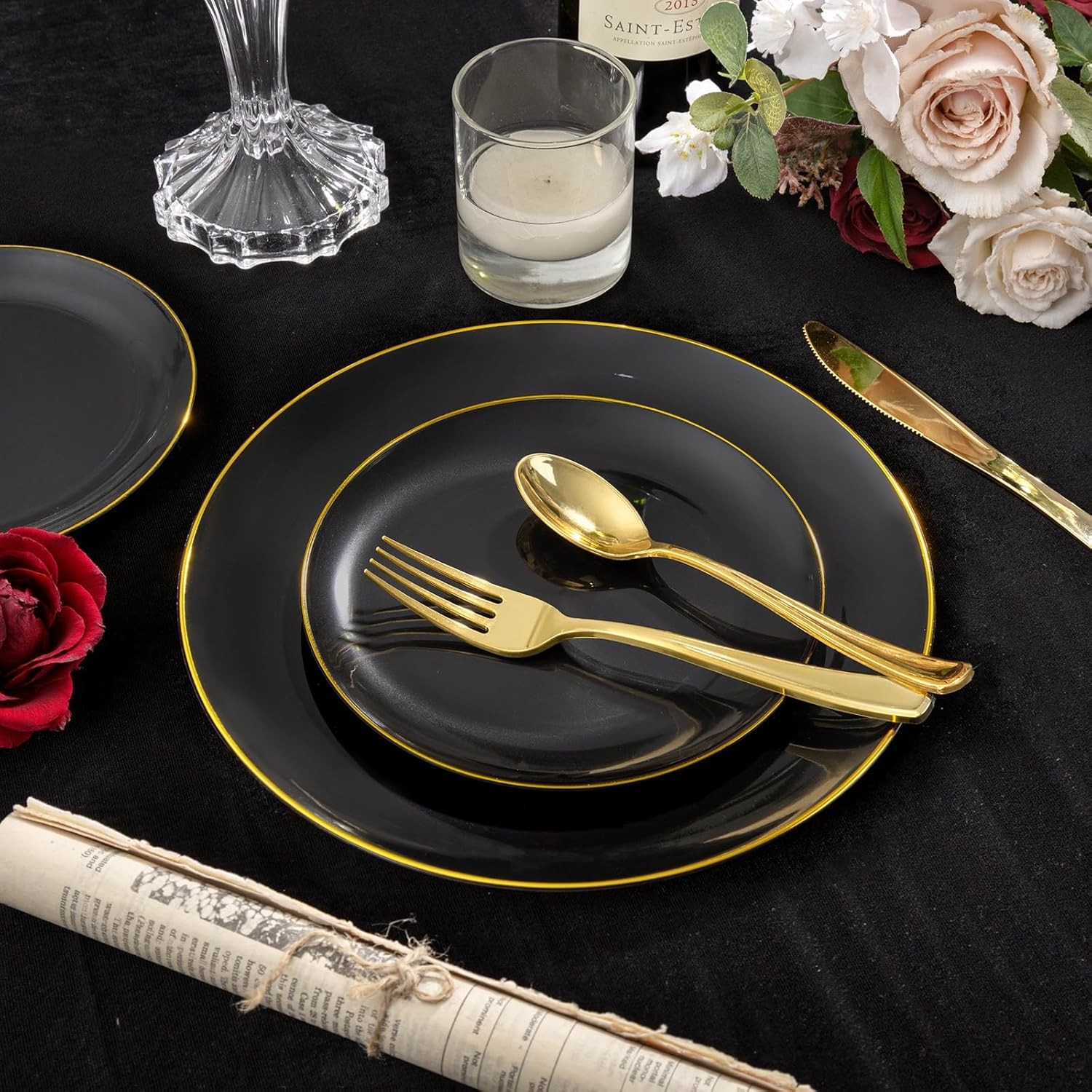 KIRE 350 PCS Plastic Dinnerware Set for 50 Guests – Black and Gold Plates 50 f