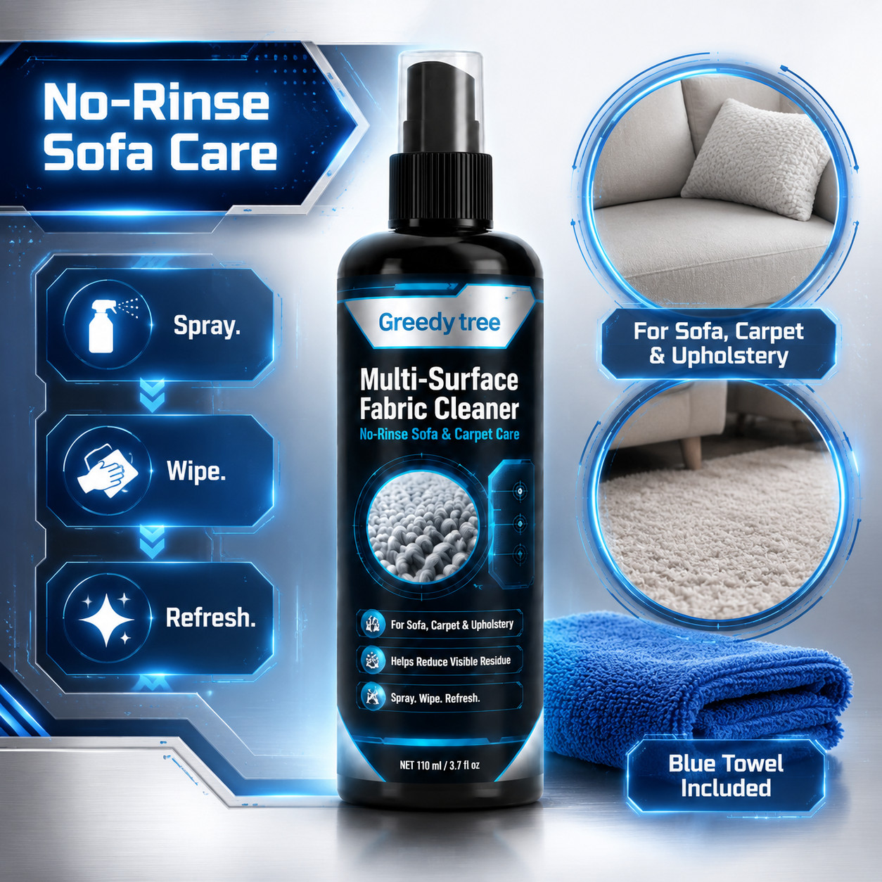 Sofa Mattress Dry Cleaner 110ML, Waterless, for Clothes Carpet Curtain