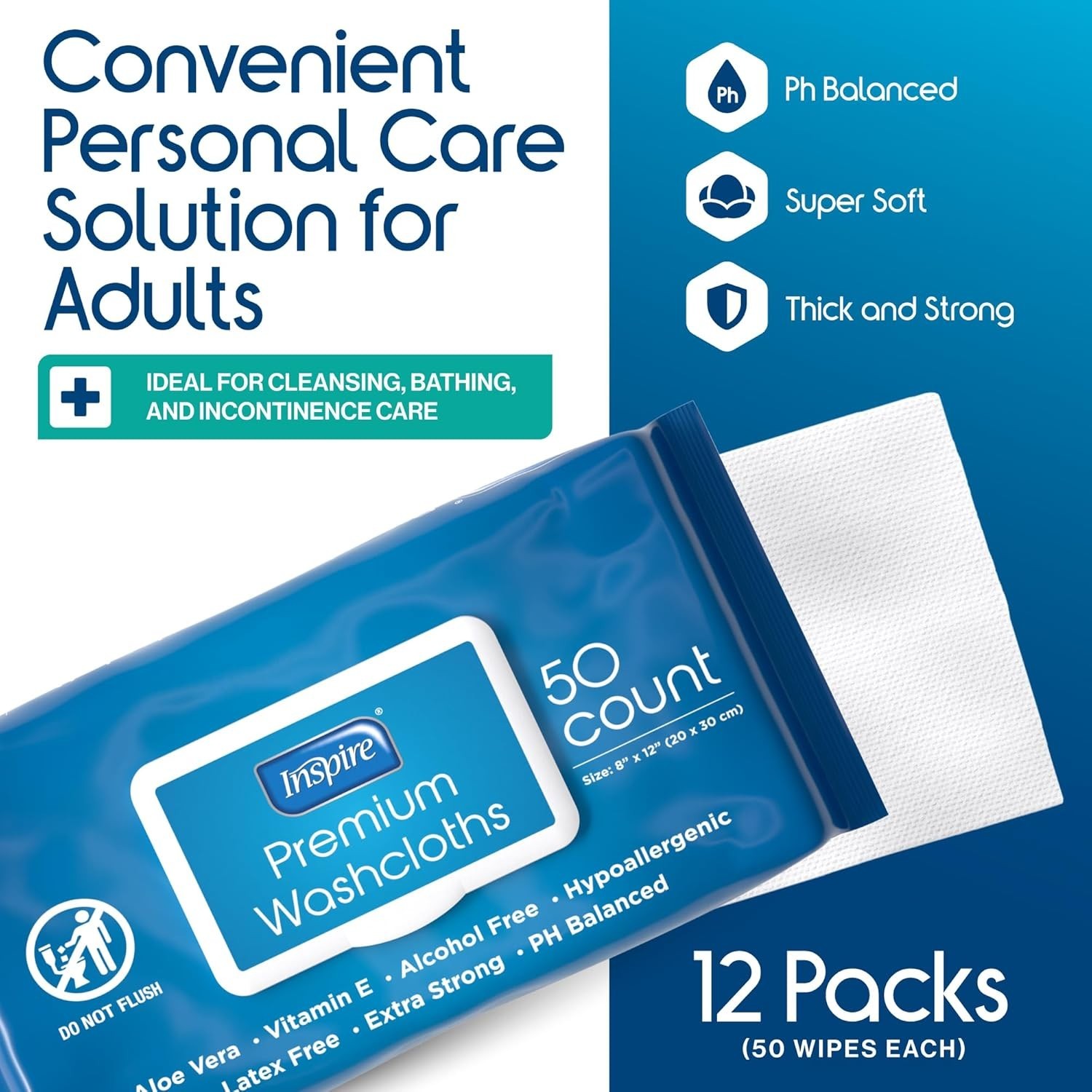 Adult Wet Wipes Wash Cloths 8x12in Hypoallergenic Aloe Vera 600 Count