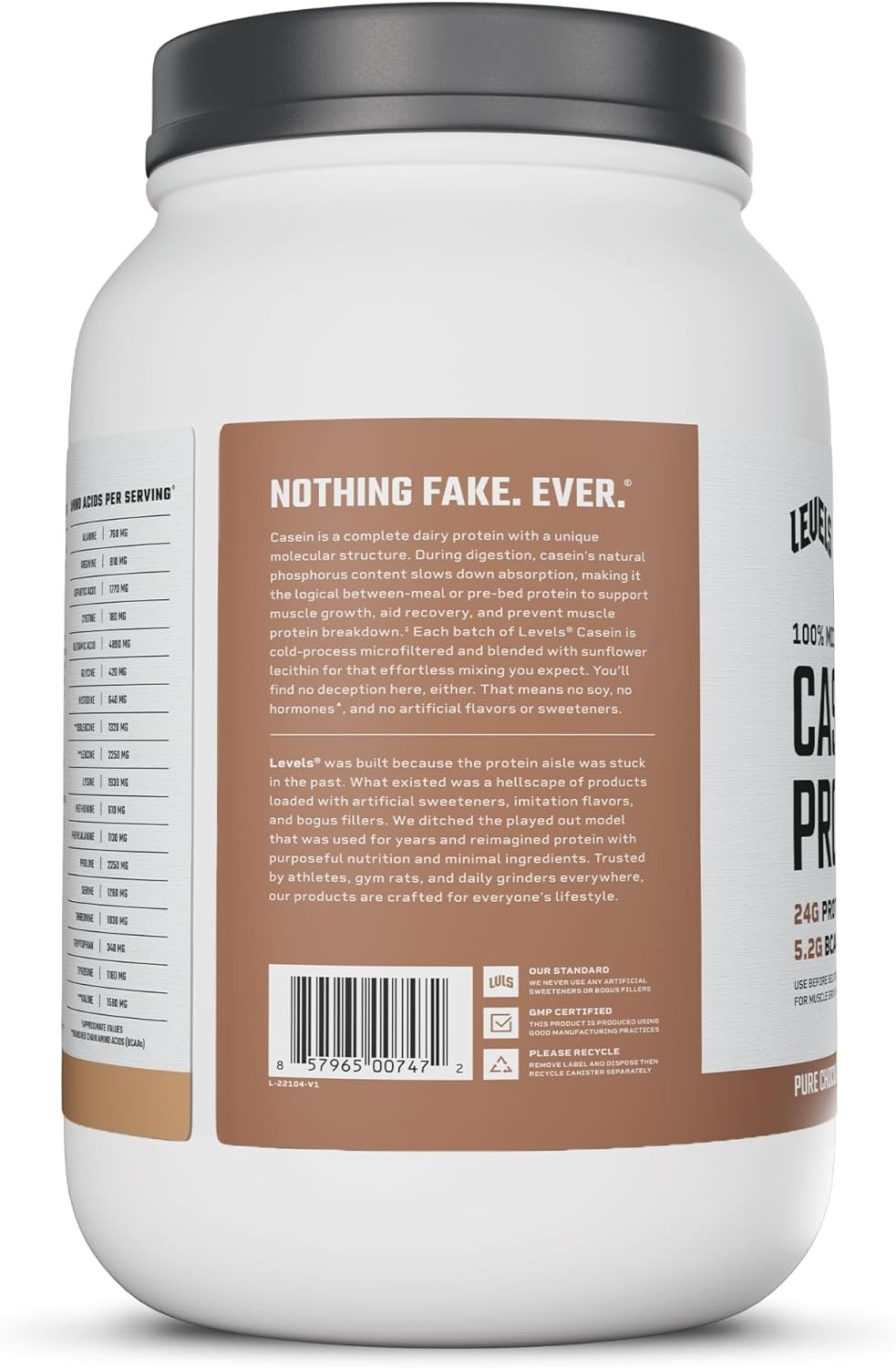 Levels 100% Micellar Casein Protein, Hormone Free, Chocolate, 2LB