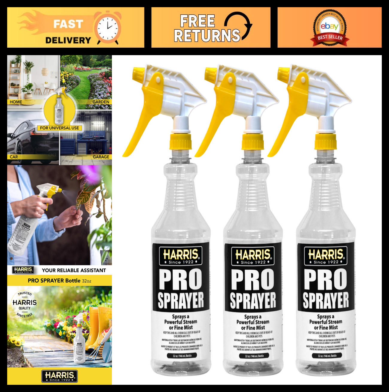 32oz Spray Bottle Set (3-Pack) – All-Purpose Cleaning & Plant Care, Adjustable N