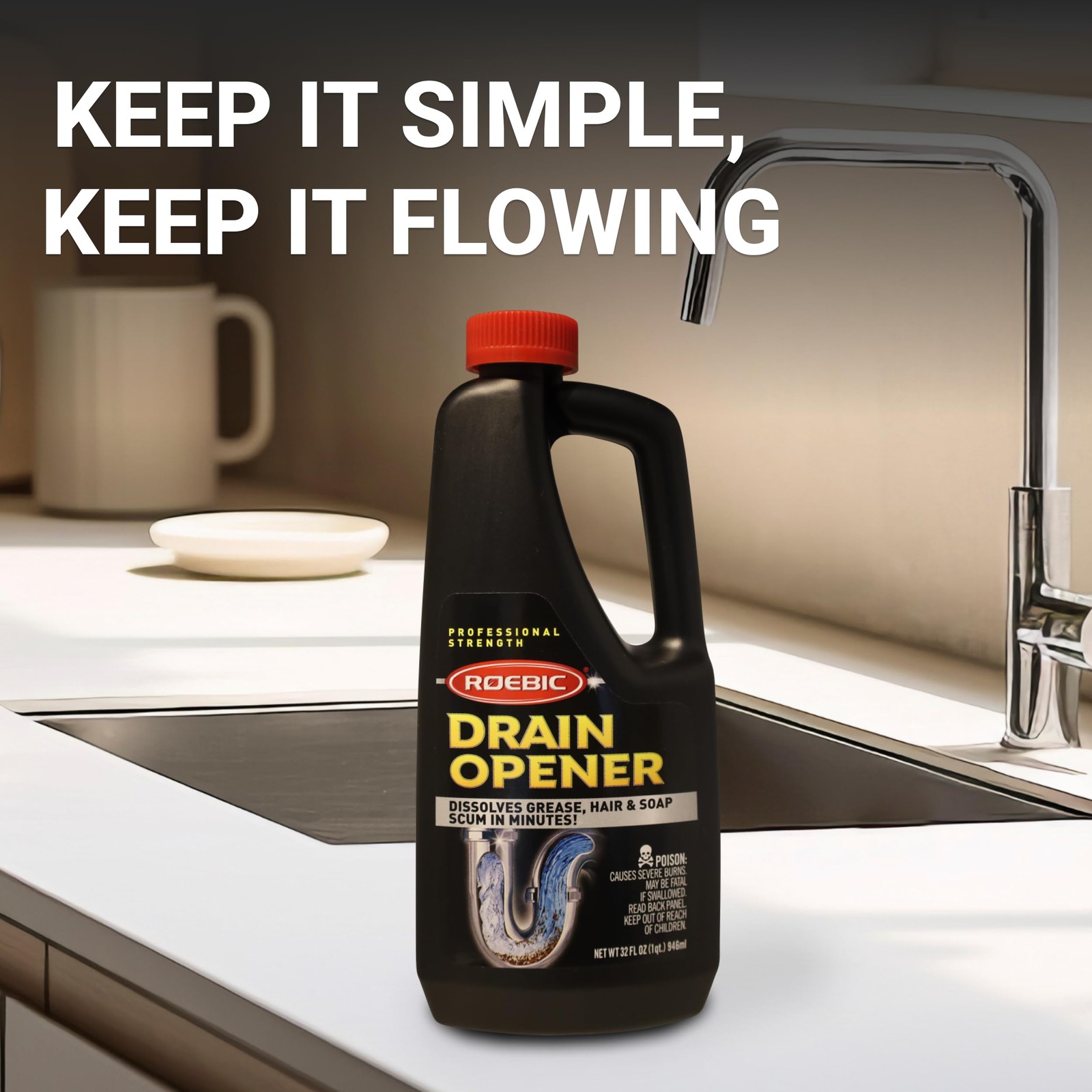 Roebic Liquid Drain Cleaner, Kitchen Sink Grease and Pipe Clog Remover 32 fl oz