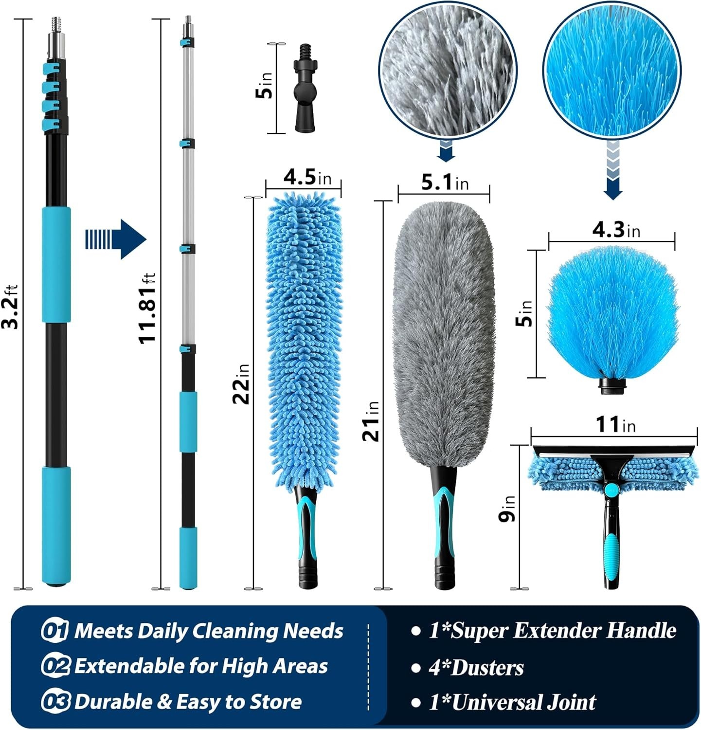20FT High Duster Cleaning Kit – 3-12FT Extension Poles, Microfiber & Cobweb Tool