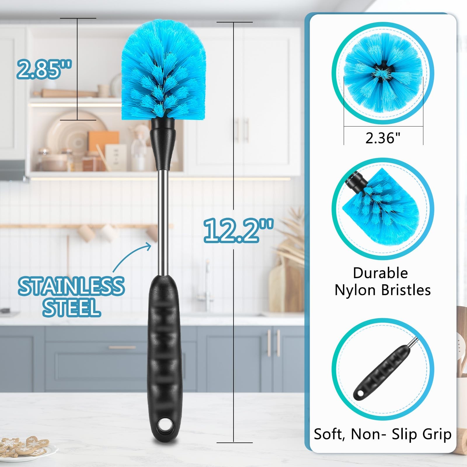 3 Pack 12.2 inch Bottle Brush Set, Long-Handled 3-in-1, Stainless Steel