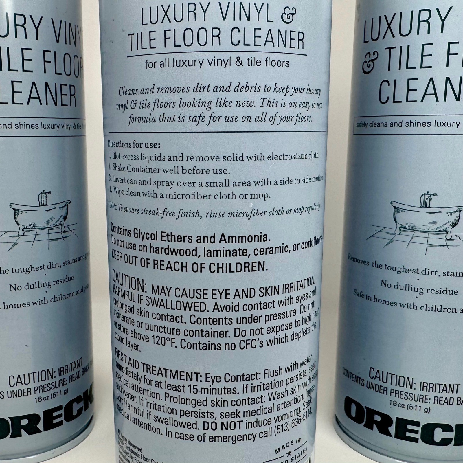 Lot of 3 New Oreck Luxury Vinyl & Tile Floor Cleaner 18oz Aerosol Spray Cans