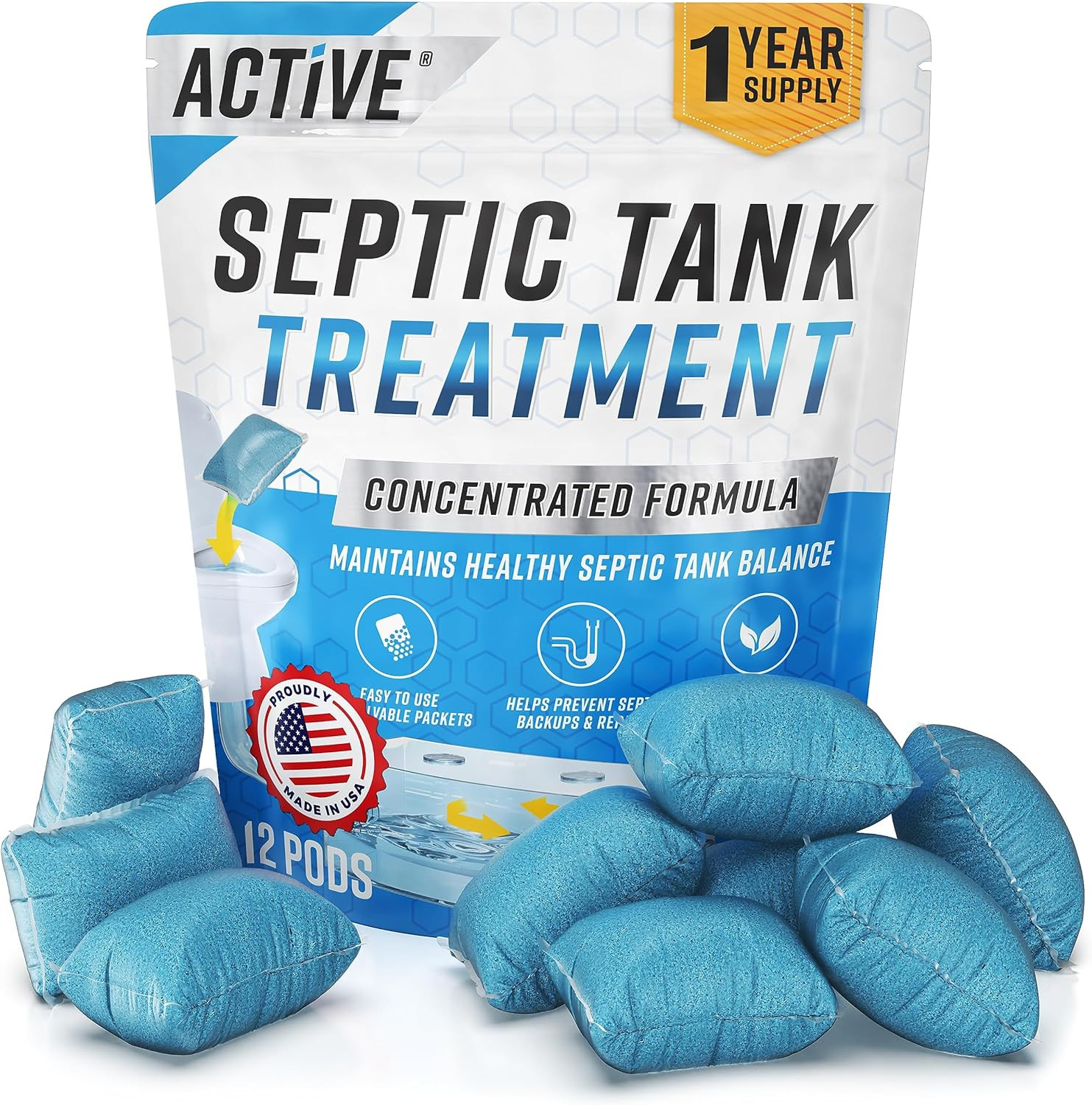 ACTIVE Septic Tank Treatment Pods 12 Pack Enzyme Bacteria Odor Control USA
