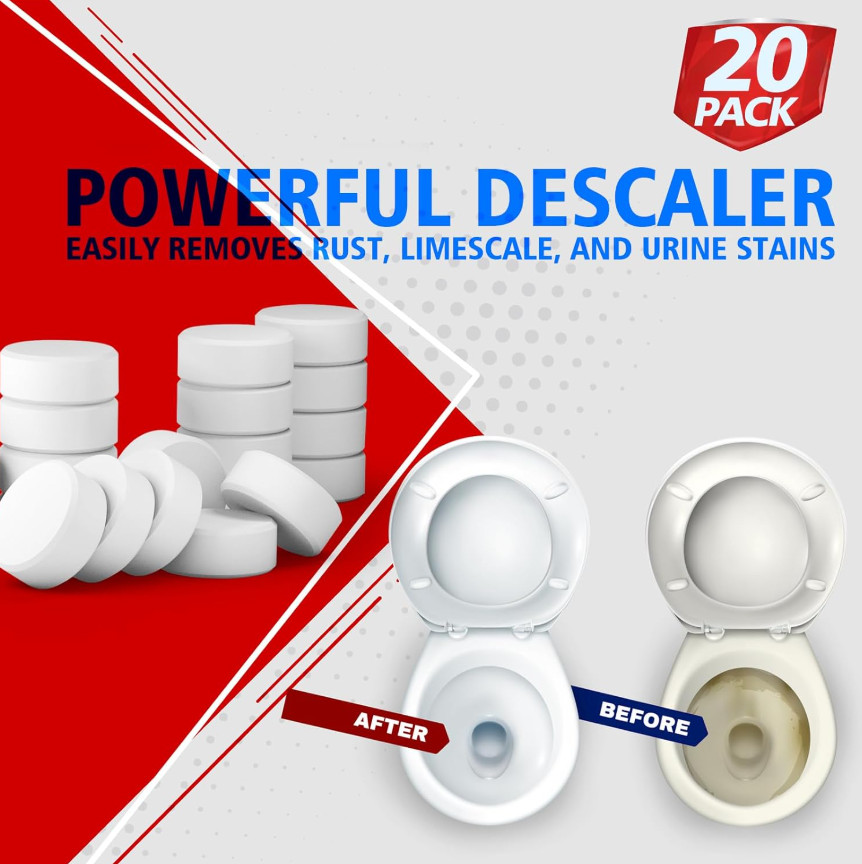 20 Pack Toilet Bowl Cleaner Tablets with Bleach Slow Releasing for Stain Removal