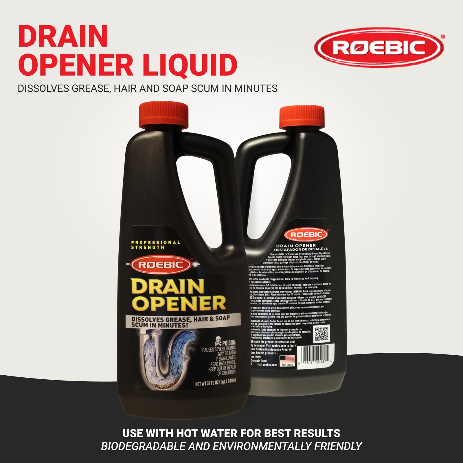 Roebic Liquid Drain Cleaner, Kitchen Sink Grease and Pipe Clog Remover 32 fl oz