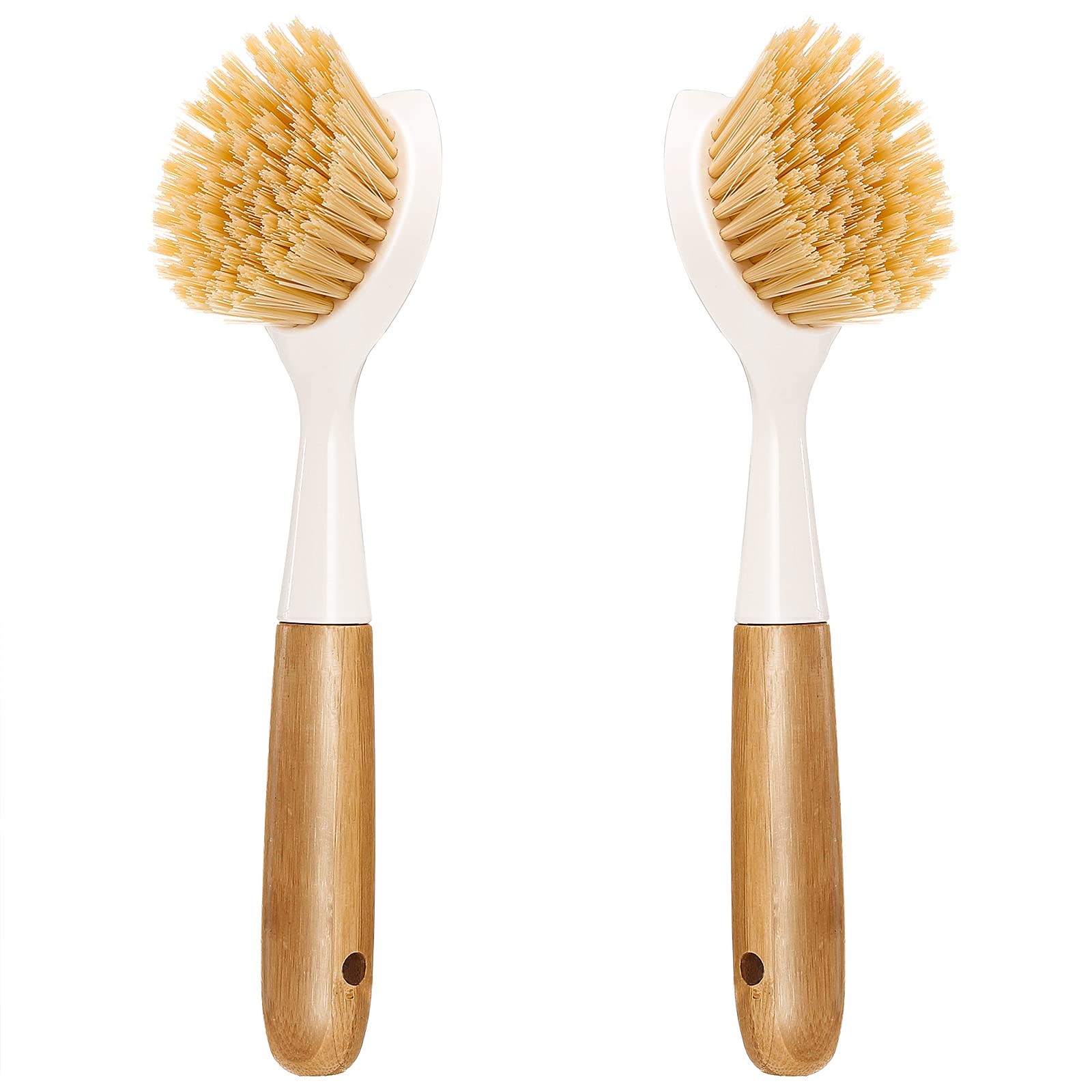 2 Pack Kitchen Dish Brush Bamboo Handle Dish Scrubber Builtin Scraper, Scrub …