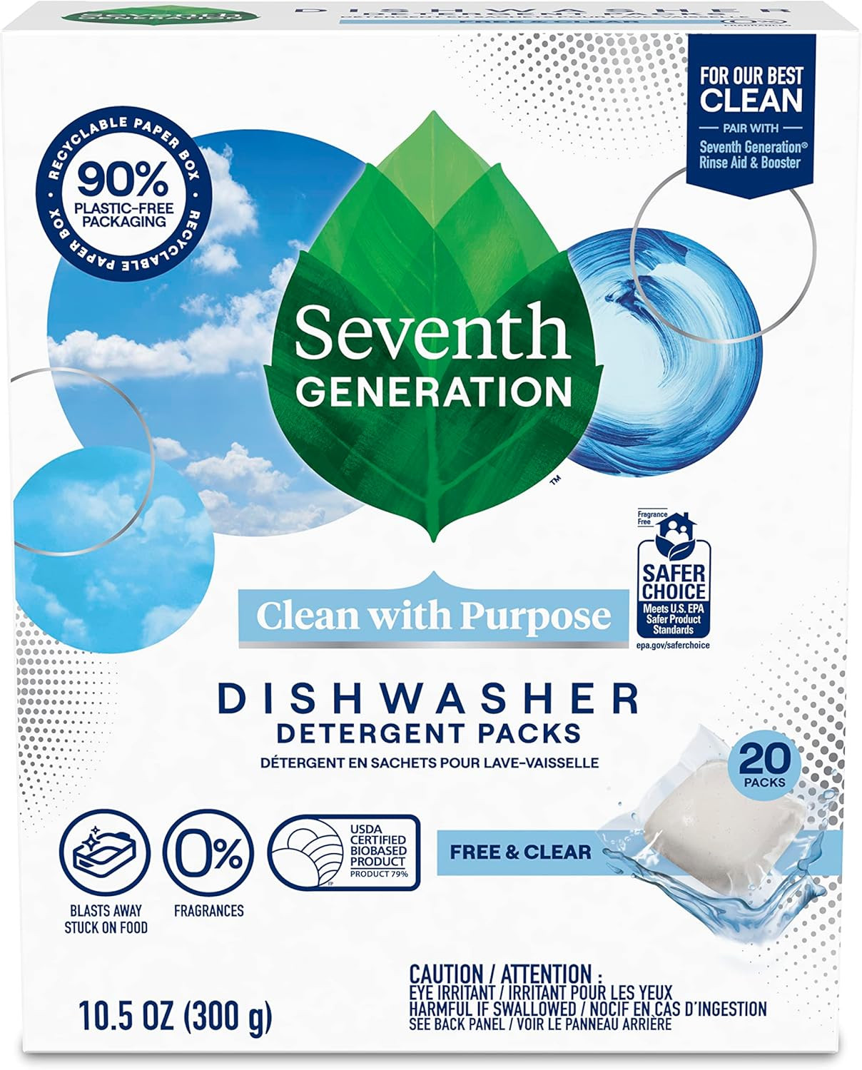 Dishwasher Detergent Packs, Blasts Away Stuck-On Food, Free & Clear, 20 Packs