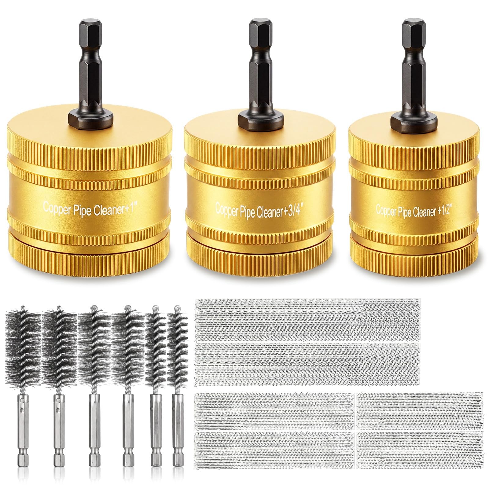 1/2″ & 3/4″ & 1″ Metal Copper Pipe Cleaner for Drill, with 1/4″ Hex Shank & 6…