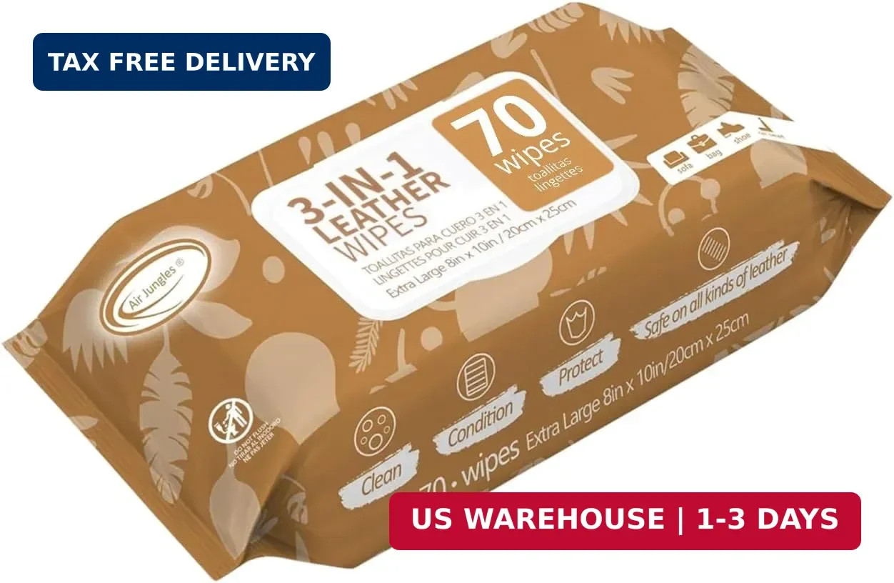 Air Jungles 3in1 Leather Cleaner Wipes 70 Count, Extra Large 8″ x 10″ Size, Clea