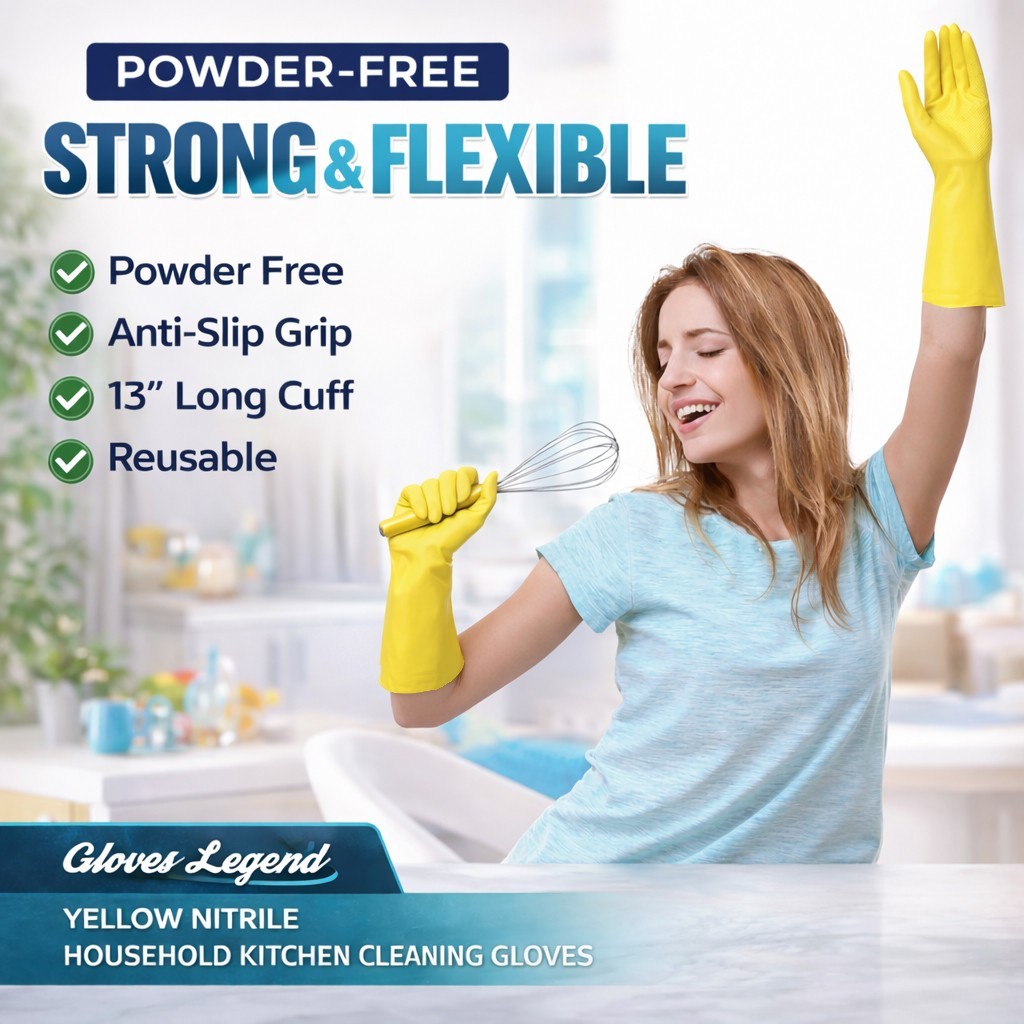 Medium – 6 Pairs – Yellow Kitchen Cleaning Dishwashing Nitrile Reusable Gloves