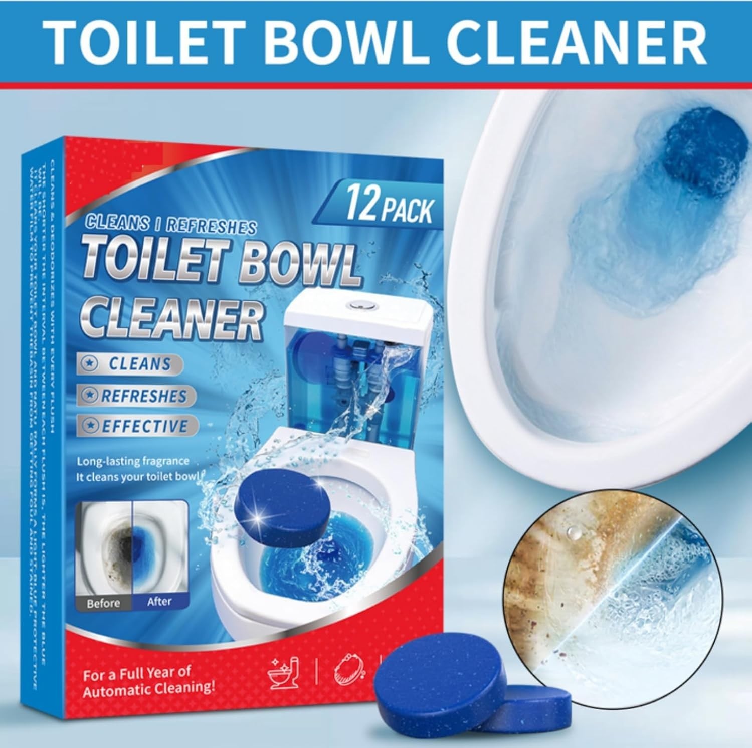 12 Pack Automatic Toilet Bowl Cleaner Tablets Put in the Toilet Tank