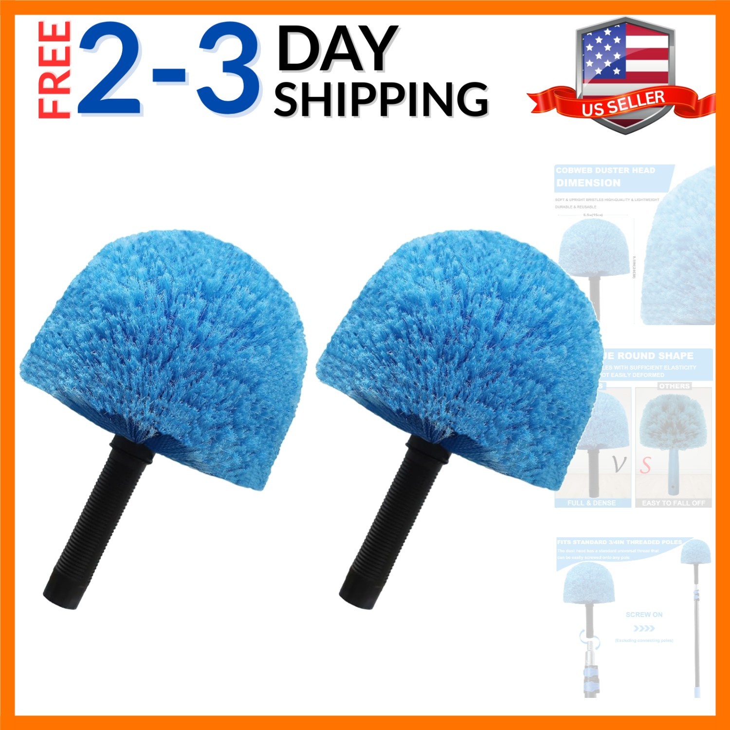 2 Pack Blue Twist-On Cobweb Duster Head Brush – Efficient Indoor & Outdoor Sp…
