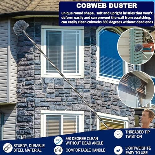 20 Ft+ High Reach Cobweb Dusting Kit with 3-14 Ft Extension Pole/Spider Web Brus