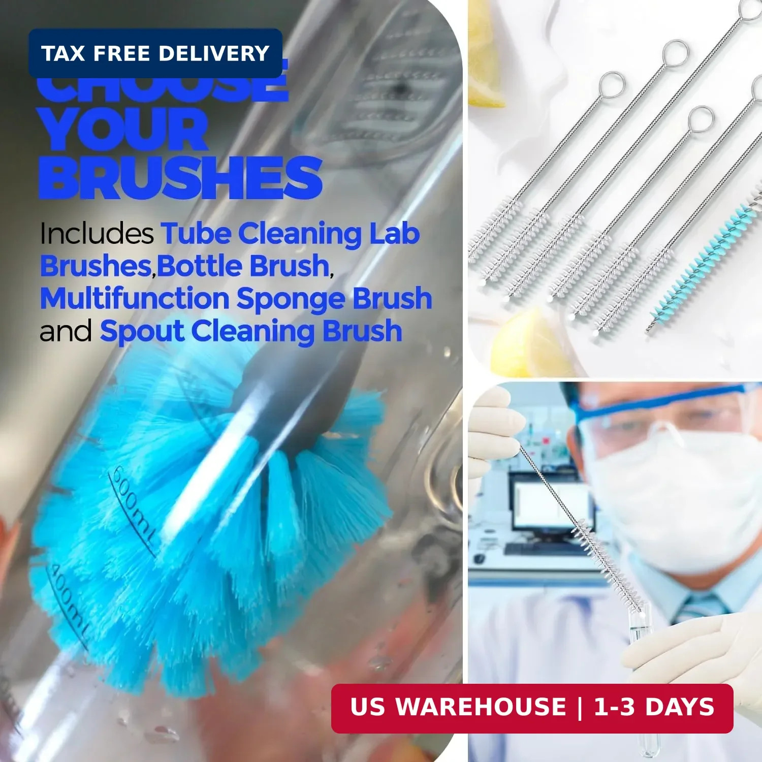 Holikme Bottle Brush Tube Cleaning Lab Set with Long Handle, Cup Cleaner for Was