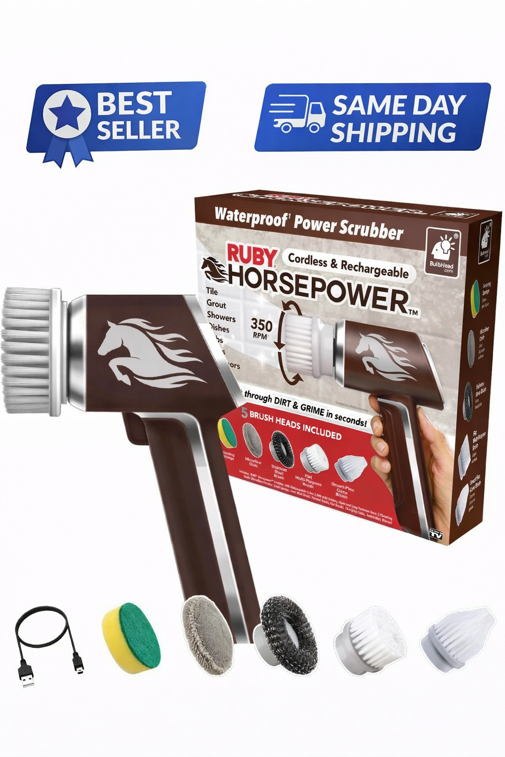 Ruby Horsepower Rechargeable Rotating Scrubber Waterproof Power Scrubber, Spins