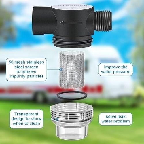 RV Water Pump Strainer Filter, 1/2″ Twist On Pipe Strainer, 1/2″ x 14 NPT x 1/2