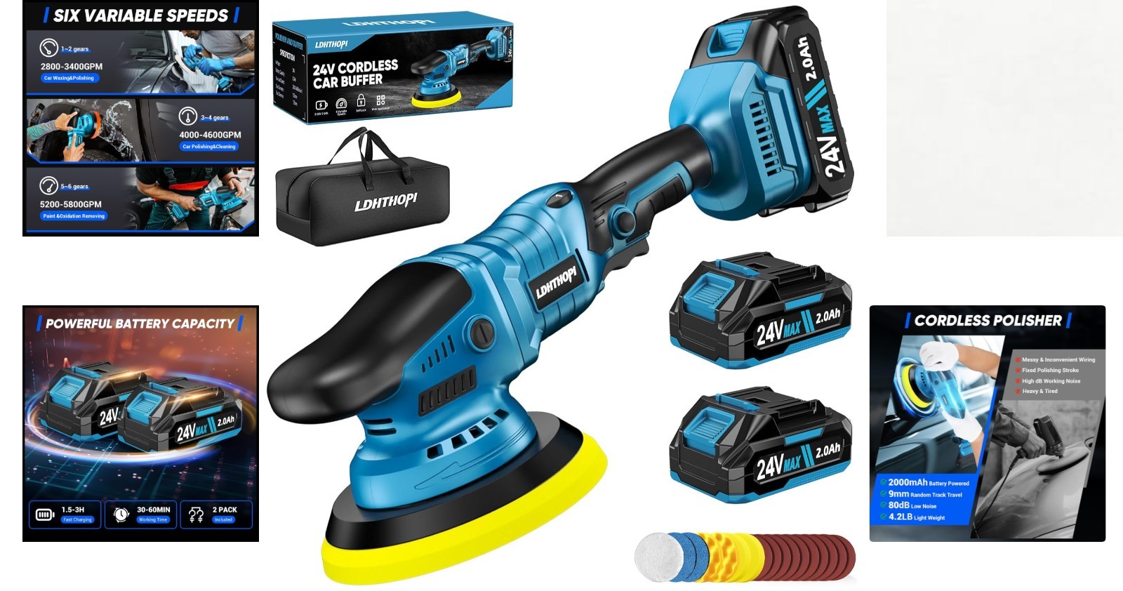Cordless Buffer Polisher with 2×2000mAh Battery, 10000RPM 1600W High Power Ca…