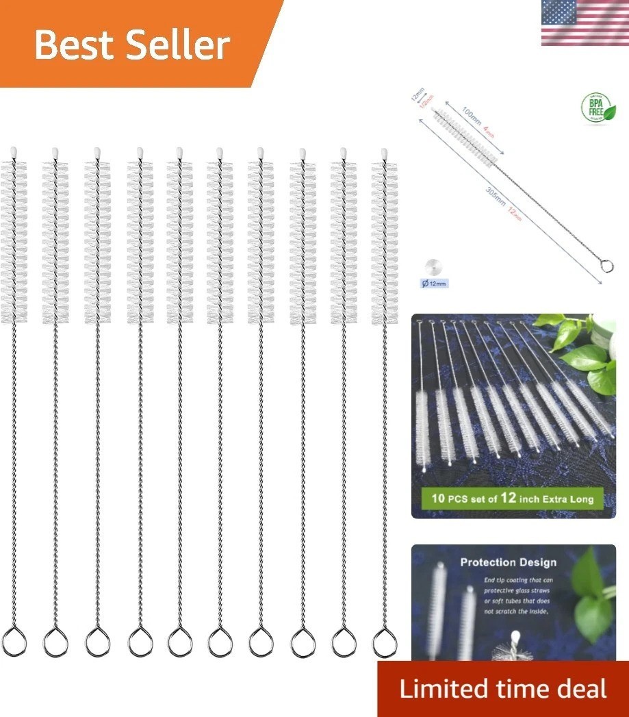 Stainless Steel Handle Straw Brush Set – 12 Inch, 10 Durable Brushes Included
