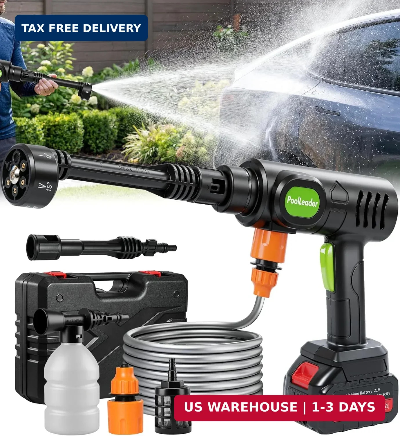 PoolLeader Cordless Car Washing Tool, Portable Vehicle Cleaner with 6-in-1 Nozzl