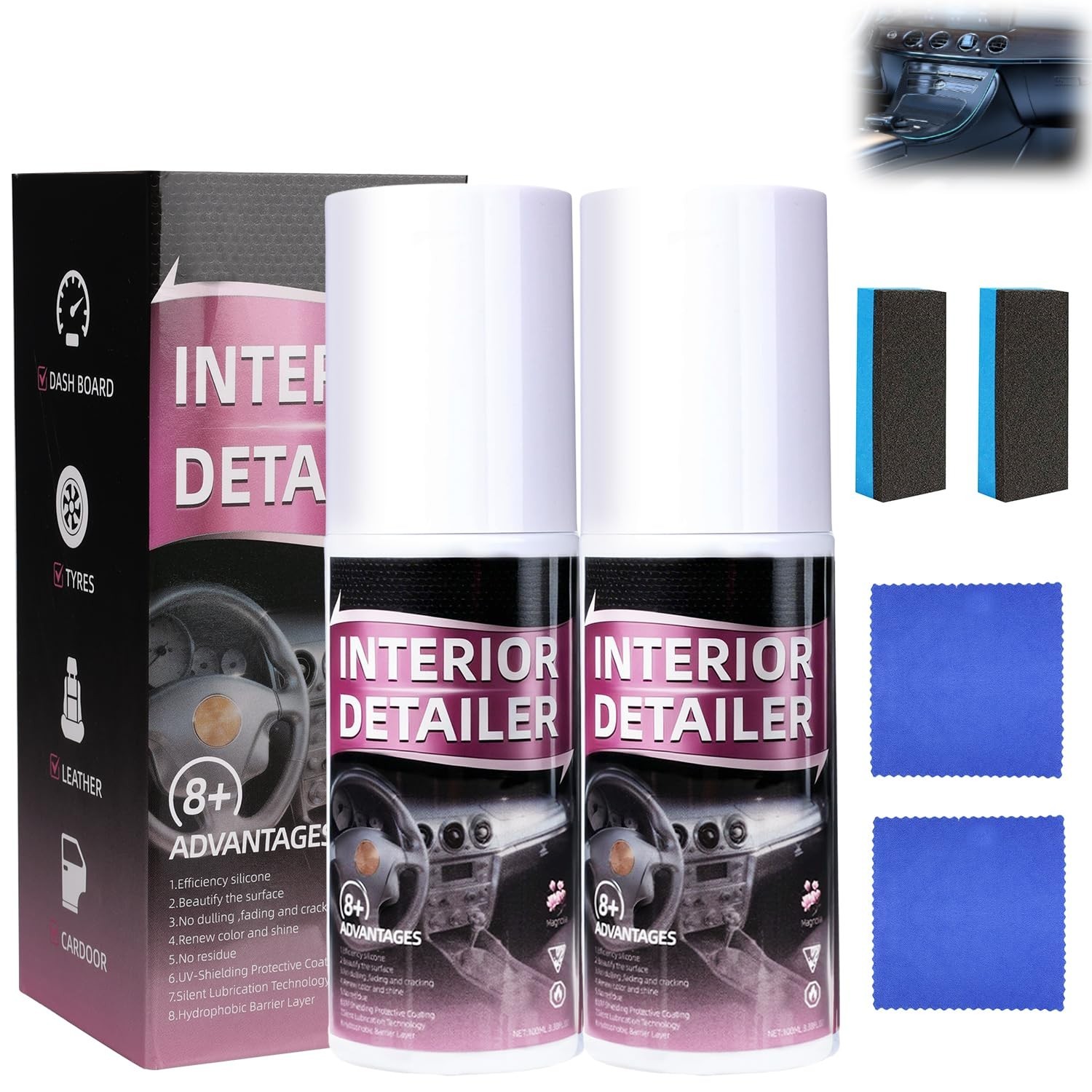 2Pcs Car Interior Cleaner Spray – Deep Clean, Polish Rubber, Plastic, Leather